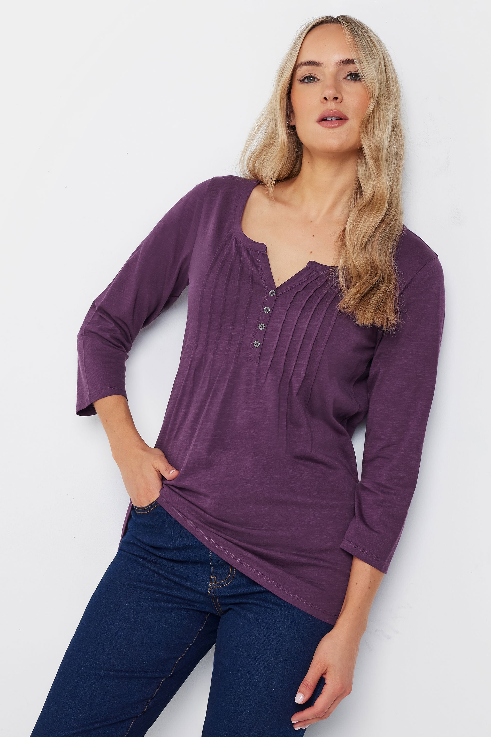 LTS Tall 2 PACK Purple & Teal Blue Cotton Henley Tops | Long Tall Sally 1
