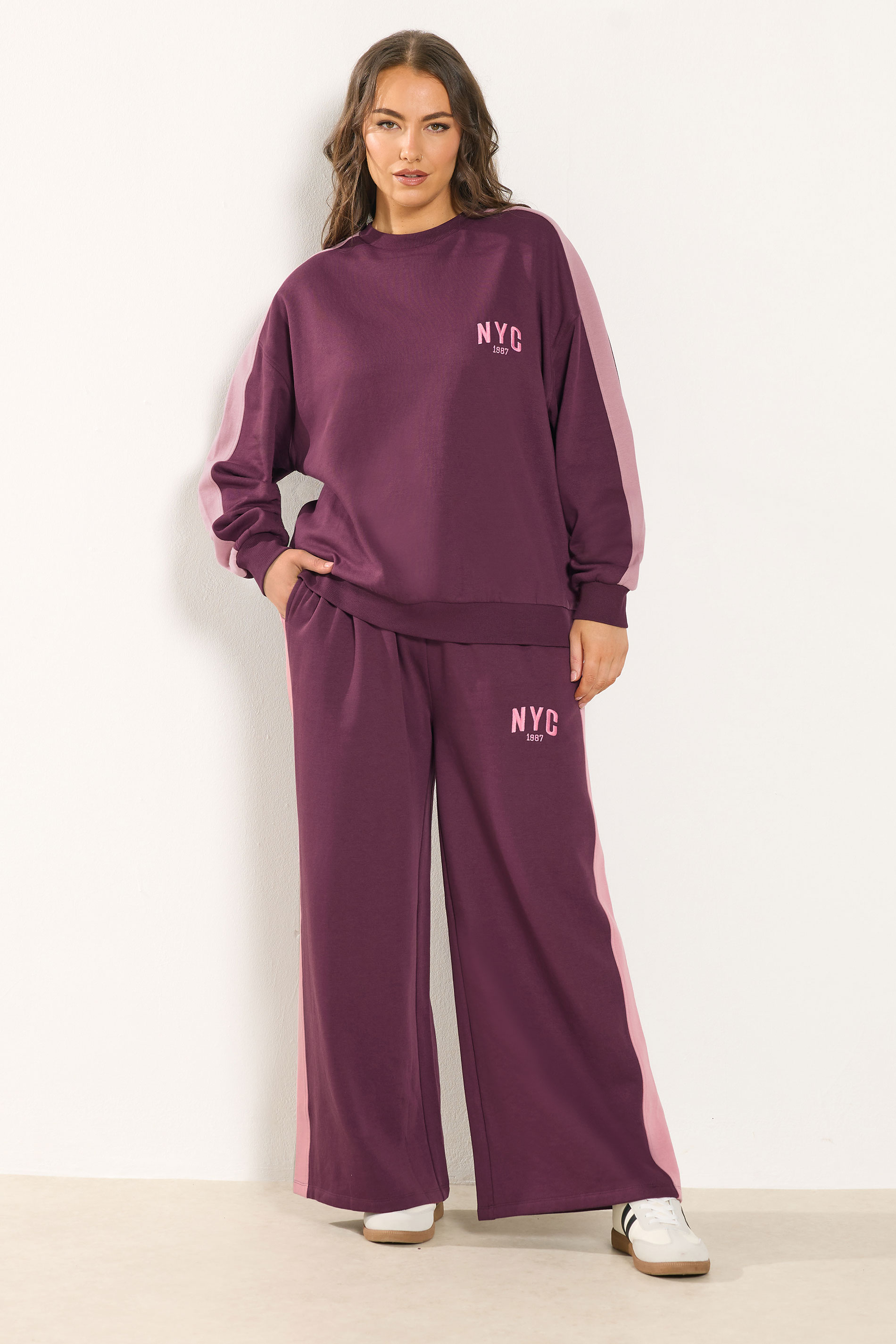 YOURS Plus Size Burgundy Red 'NYC' Side Stripe Wide Leg Joggers | Yours Clothing 3