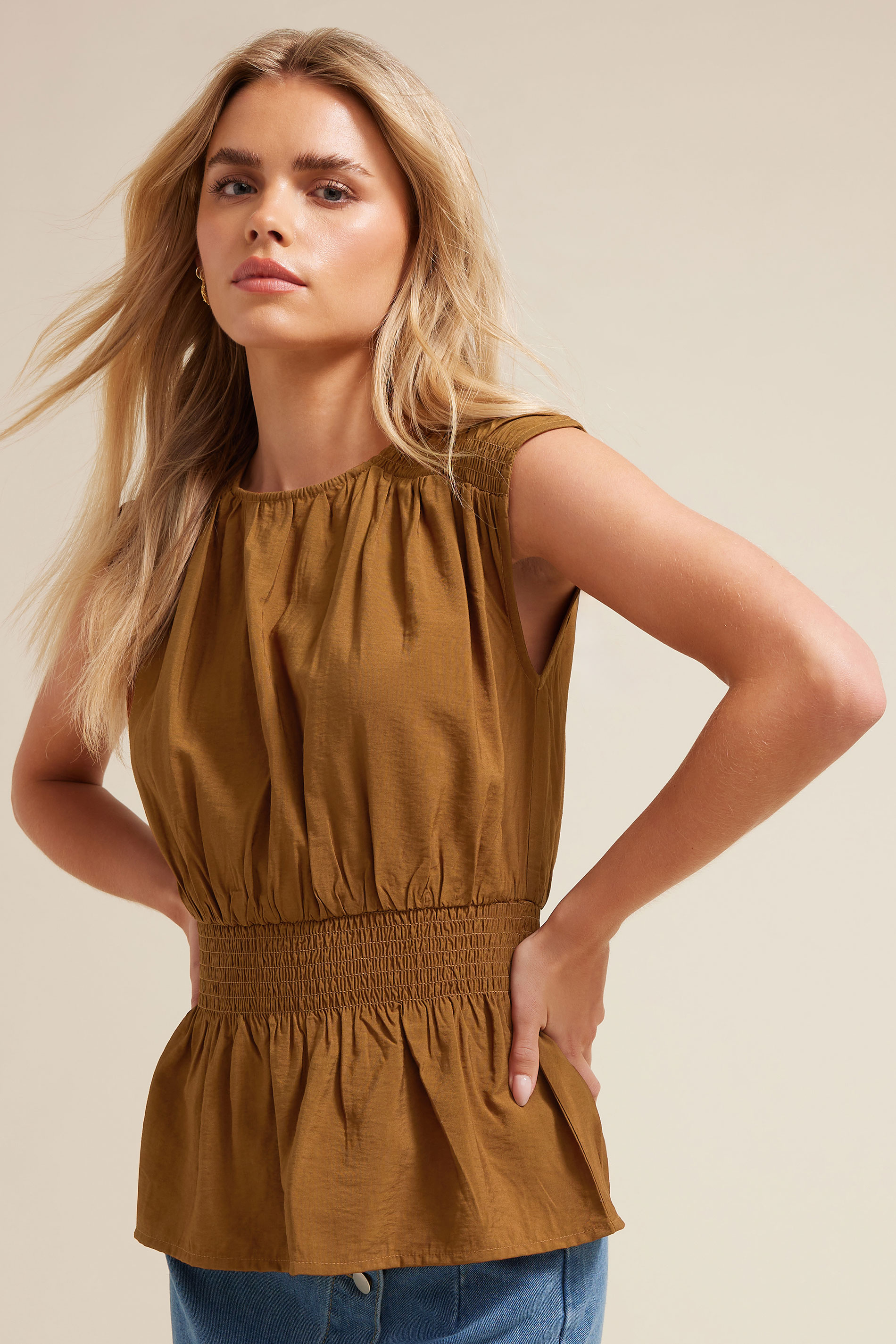 PixieGirl Petite Women's Brown Woven Shirred Waist Top | PixieGirl 2