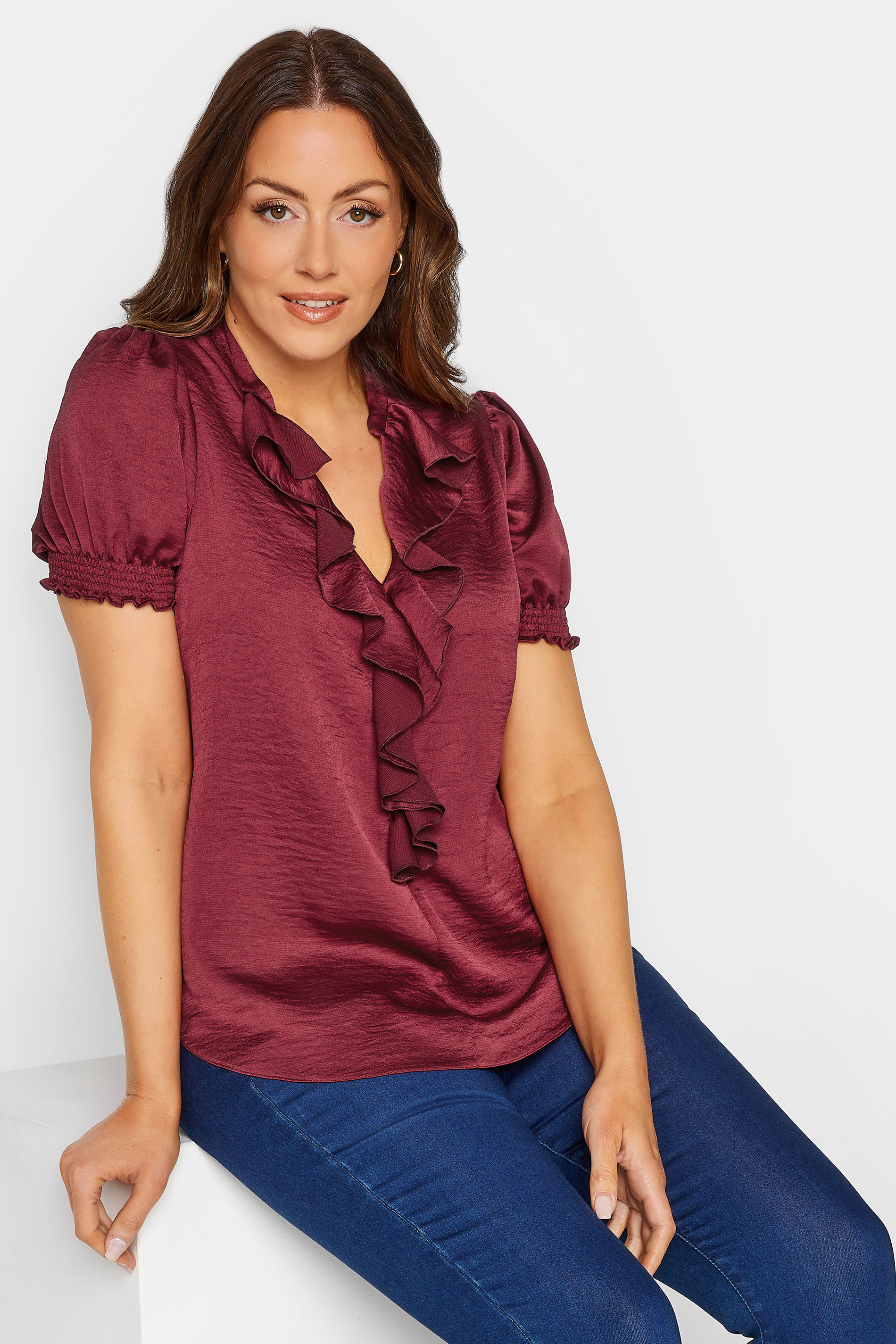 M&Co Burgundy Red Frill Satin Blouse | M&Co 1