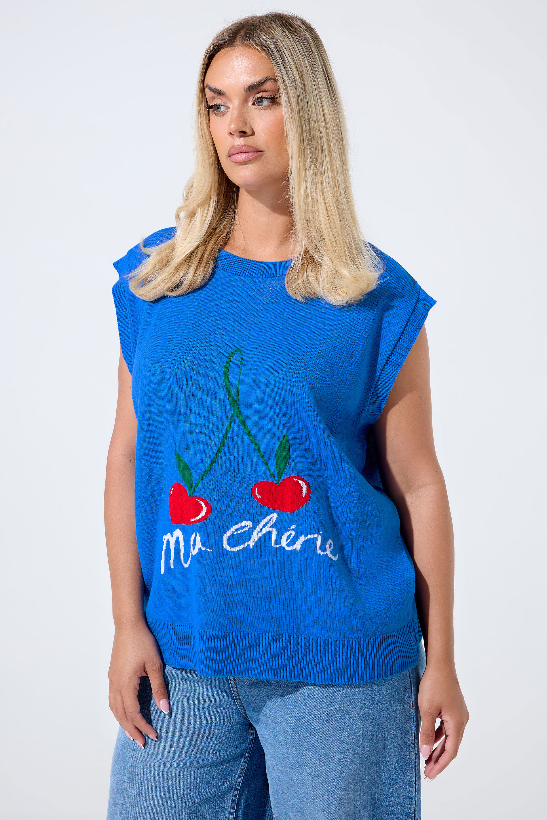 LIMITED COLLECTION Plus Size Blue Cherry Knitted Vest Top | Yours Clothing 3