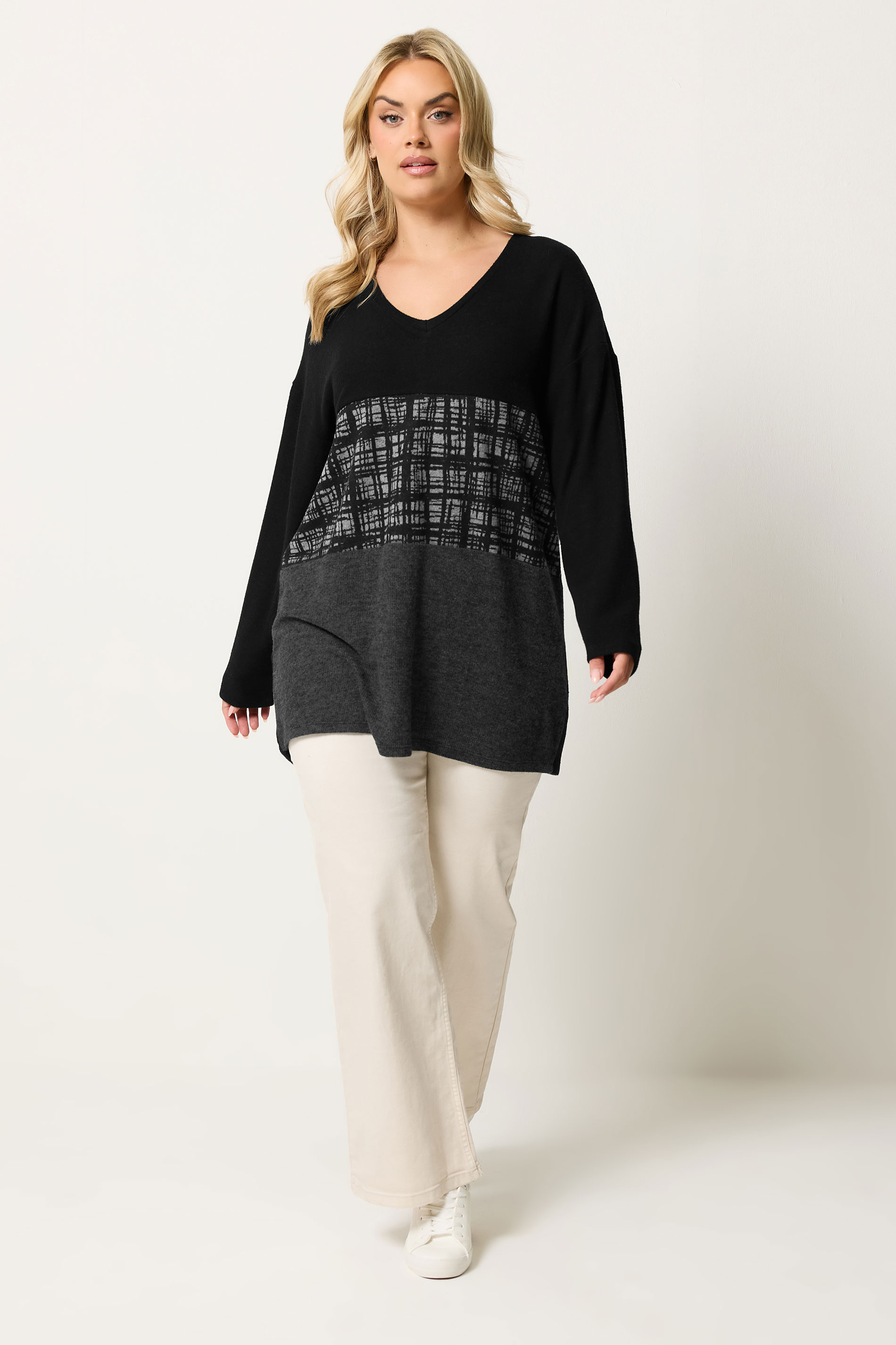 YOURS Plus Size Black Colourblock Soft Touch Top | Yours Clothing 1