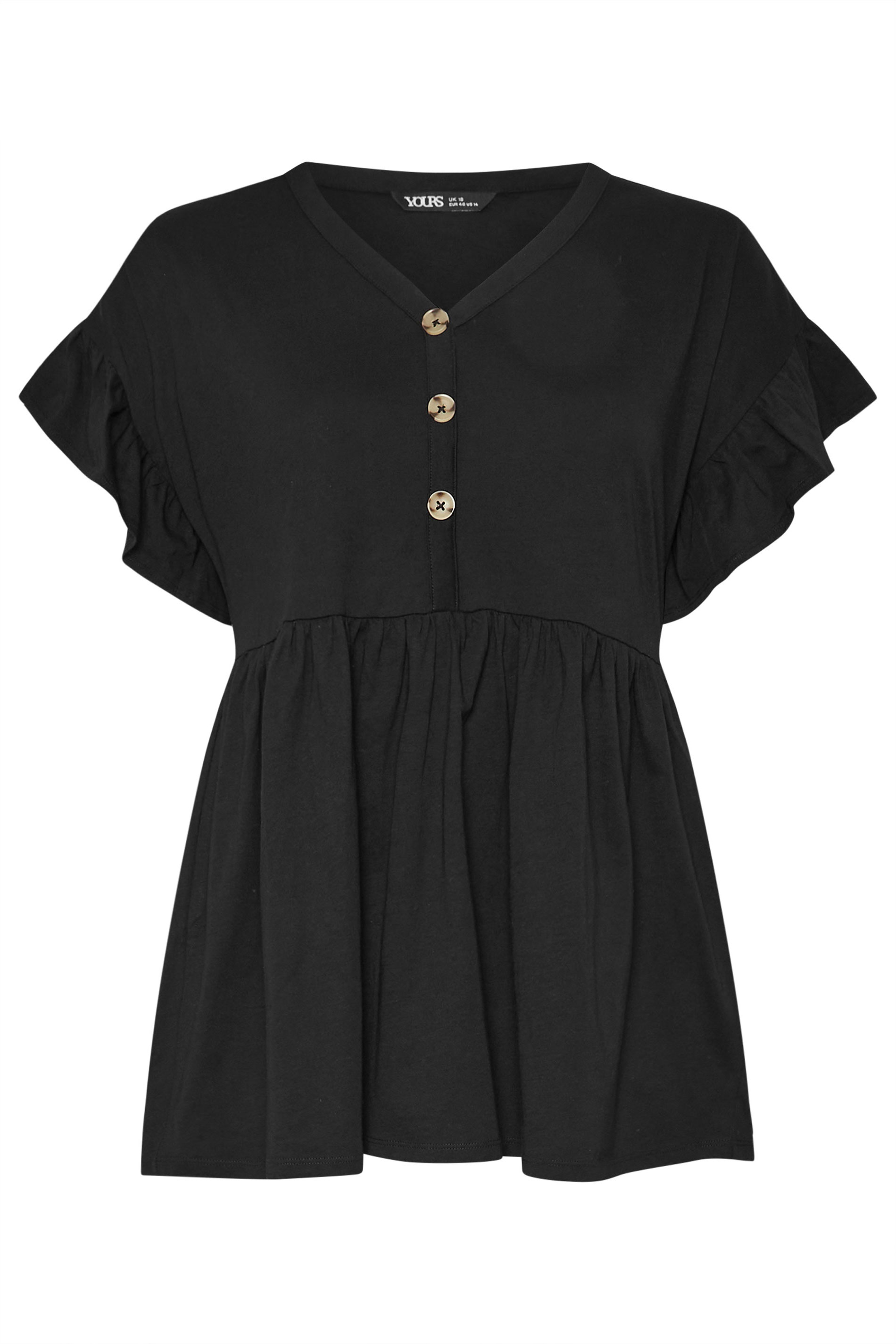 YOURS Plus Size Black Button Frill Sleeve Peplum Top | Yours Clothing 5
