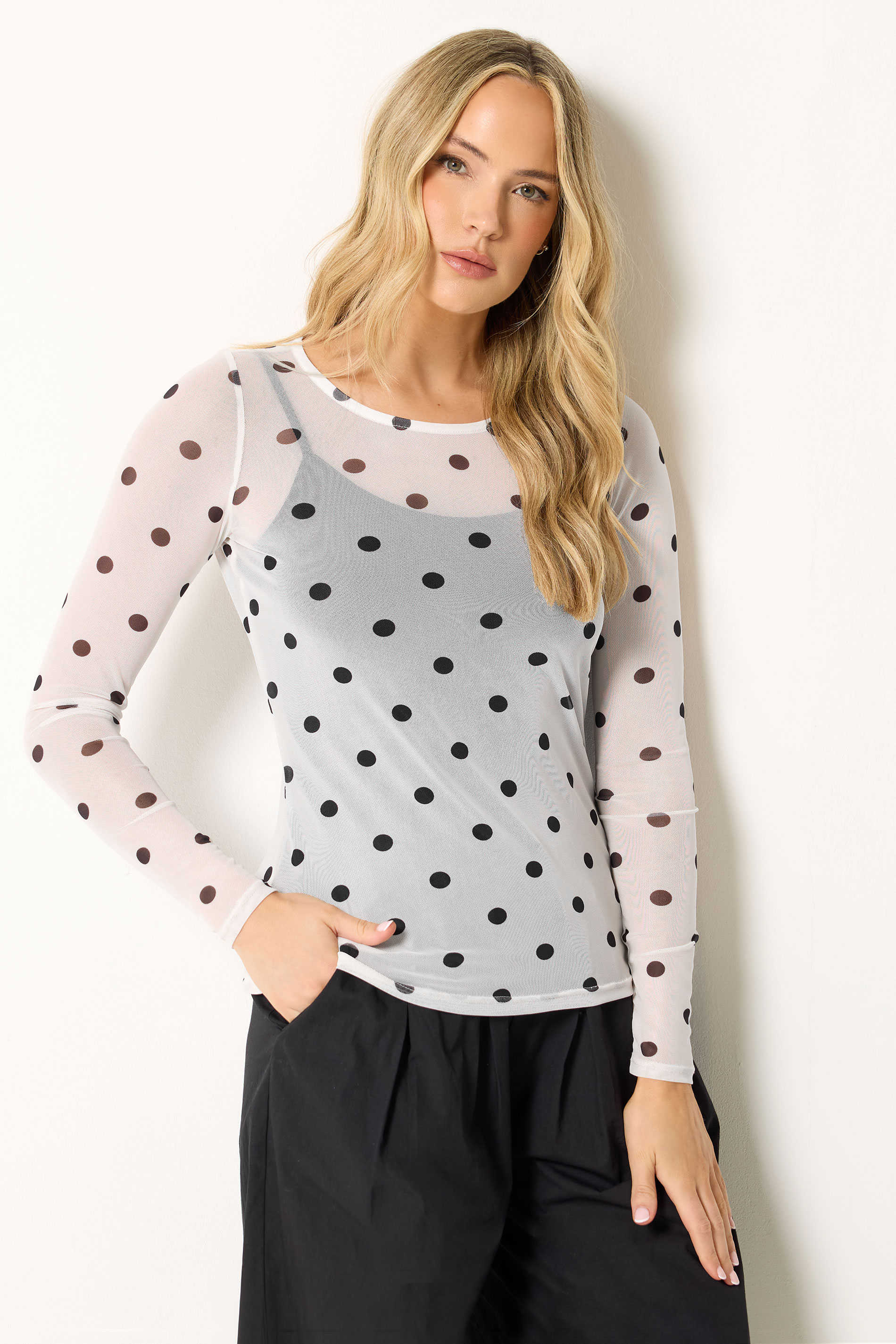LTS Tall Women's White Polka Dot Mesh Top | Long Tall Sally 1