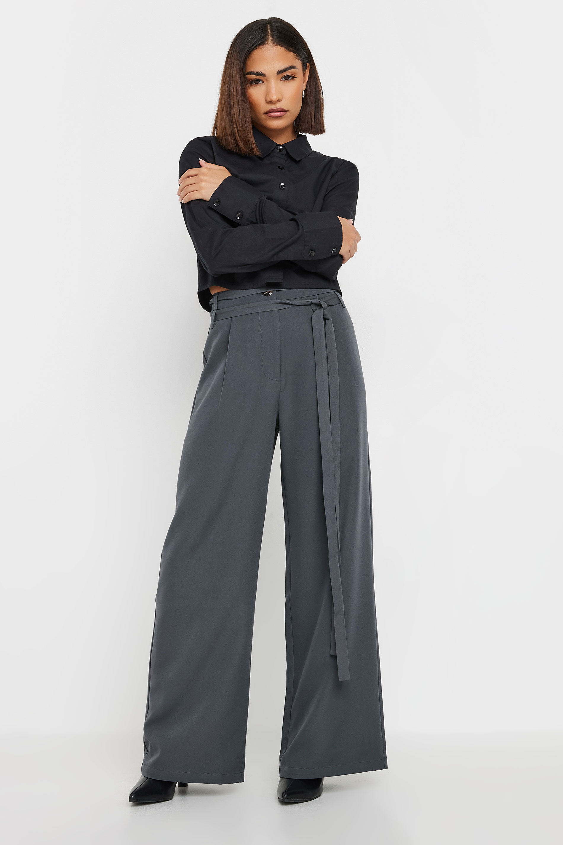 PixieGirl Petite Women's Grey Double Wrap Belted Wide Leg Trousers | PixieGirl 3