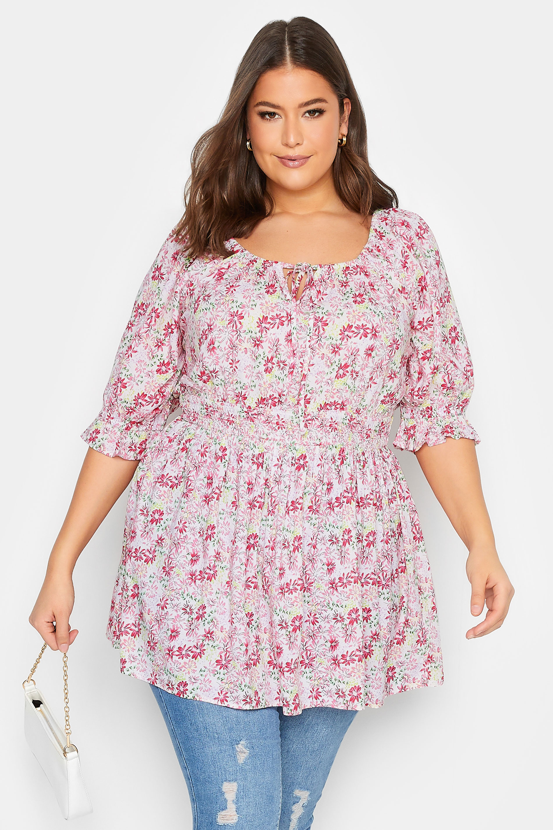 YOURS Plus Size White Floral Print Shirred Waist Top | Yours Clothing 1
