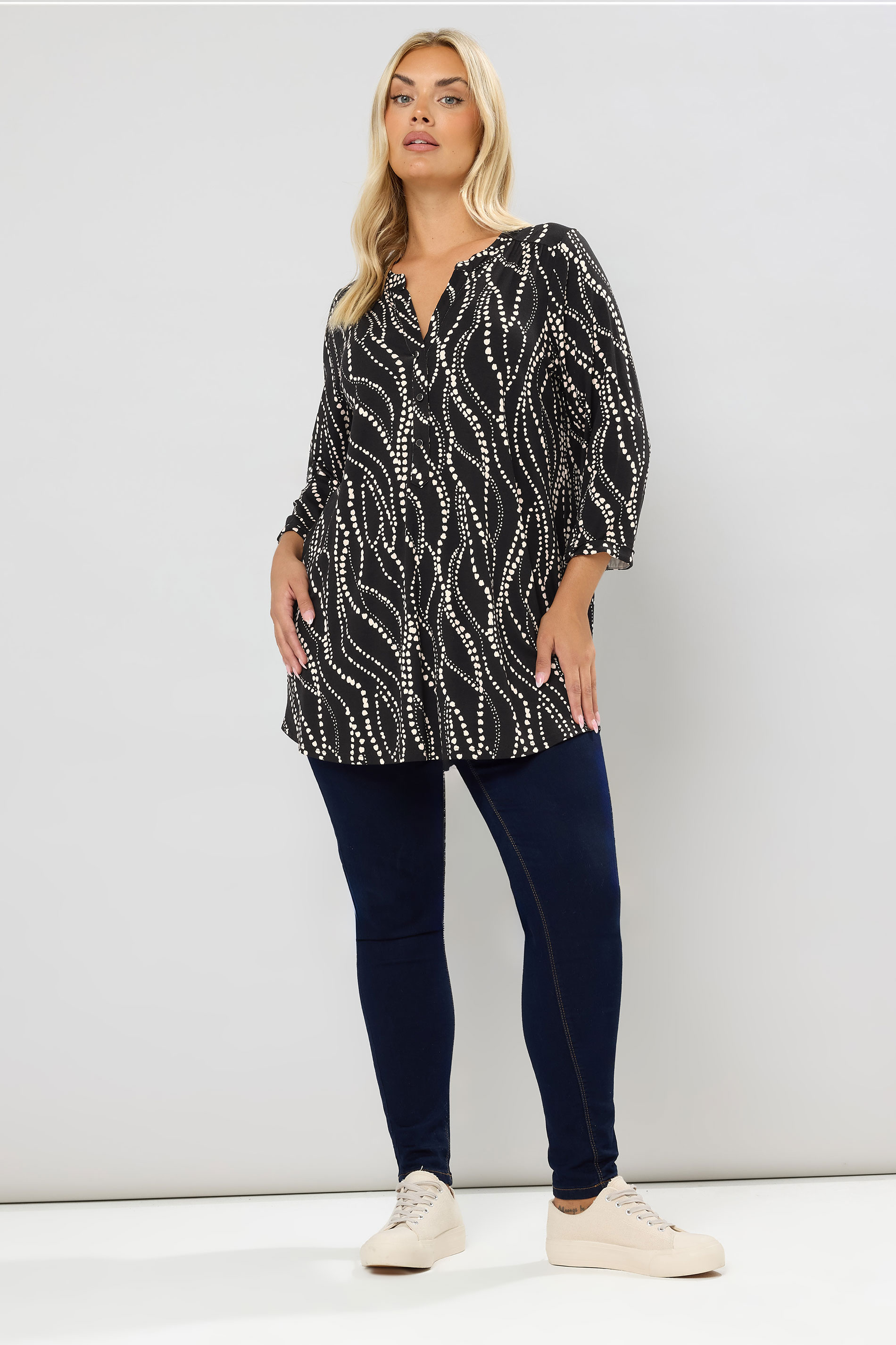 YOURS Plus Size Black Spot Print Half Placket Shirt | Yours Clothing 1