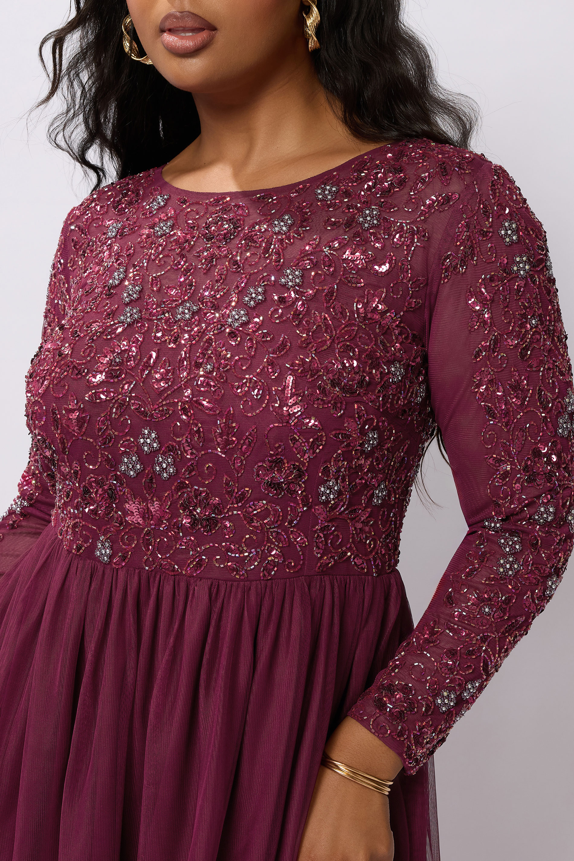 LUXE Plus Size Burgundy Red Sequin Floral Hand Embellished Maxi Dress | Yours Clothing 1