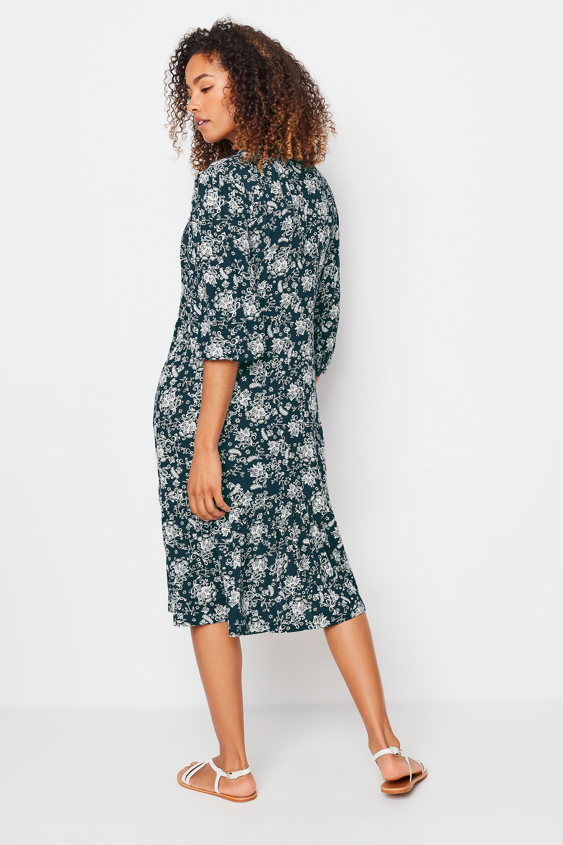 M&Co Navy Blue Damask Print Lace Trim Dress | M&Co 3