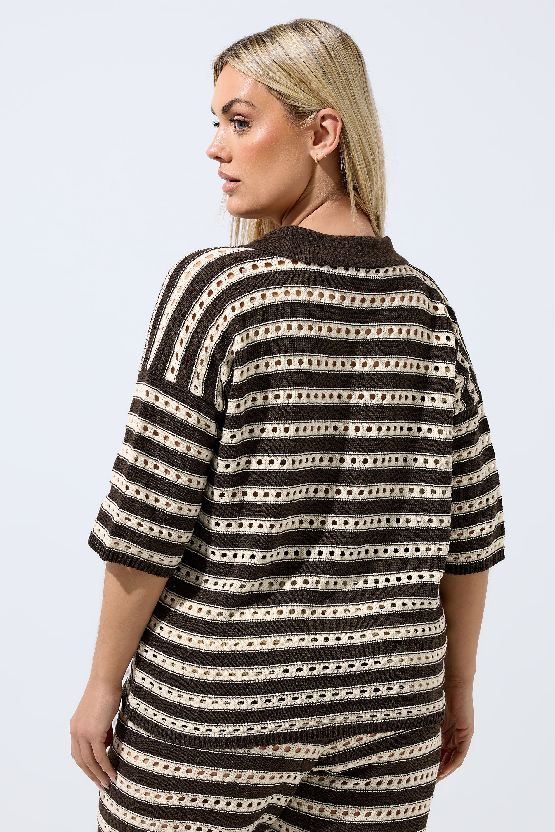 LIMITED COLLECTION Plus Size Chocolate Brown Stripe Crochet Shirt | Yours Clothing 2