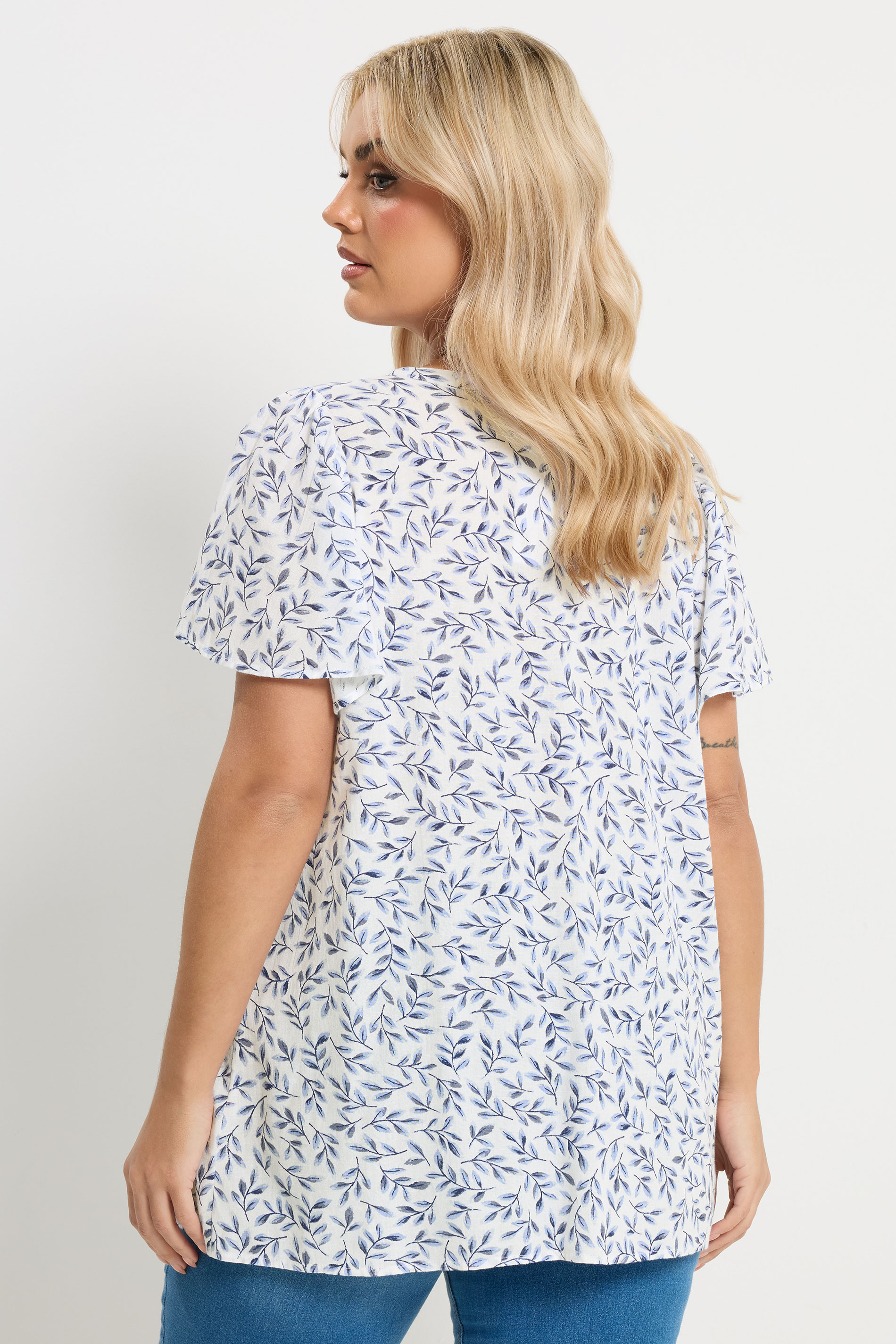 YOURS Plus Size White & Blue Leaf Print Linen Blouse | Yours Clothing 2