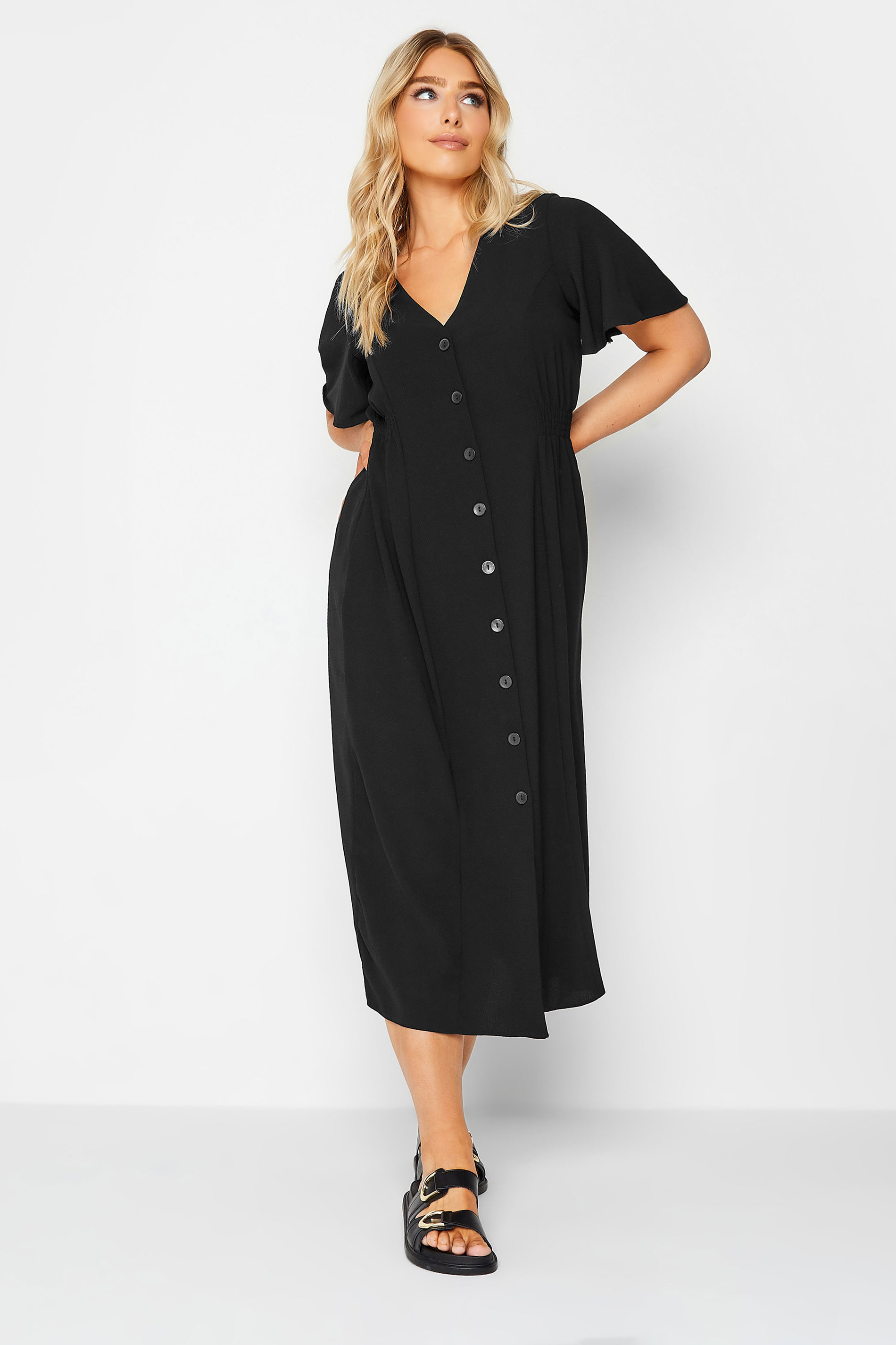 M&Co Black Shirred Waist Button Through Midi Dress | M&Co 2
