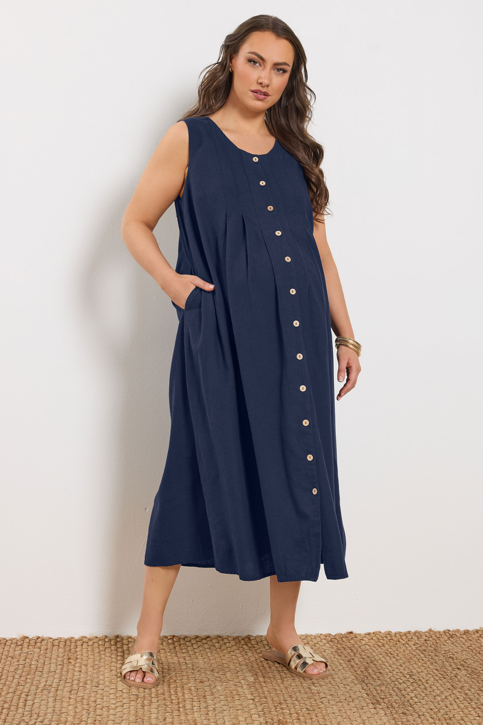 BUMP IT UP MATERNITY Plus Size Navy Blue Linen Button Through Dress | Yours Clothing 1