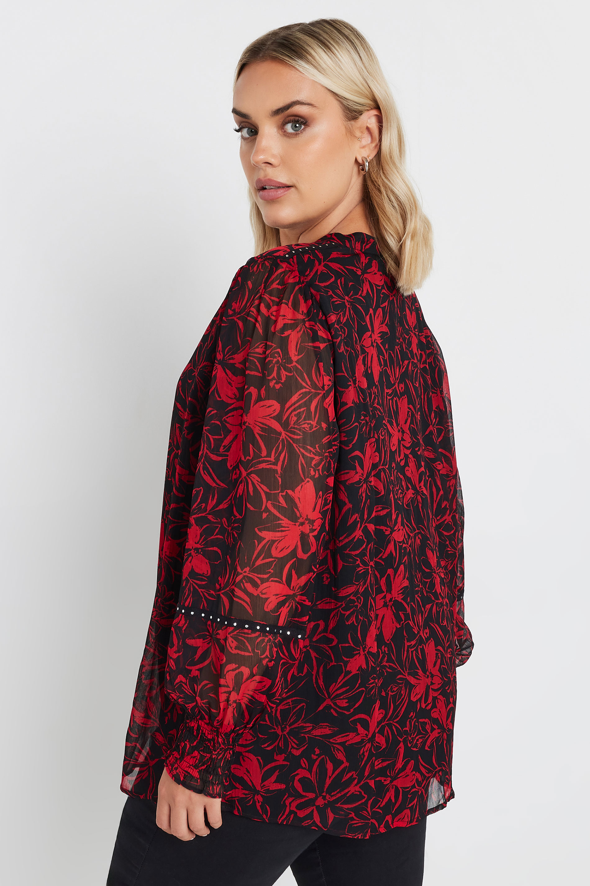 YOURS Curve Red Floral Print Stud Blouse | Yours Clothing 2