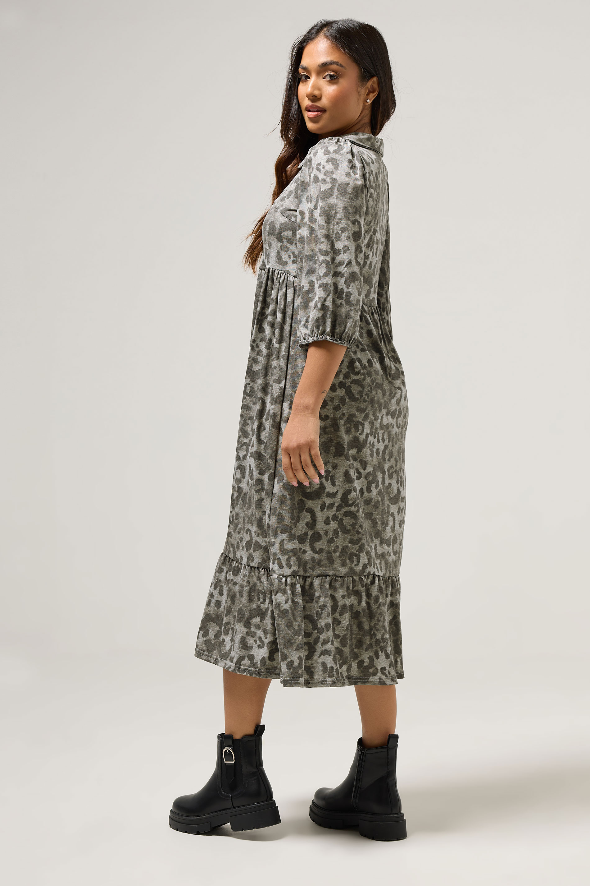 PixieGirl Petite Women's Grey Animal Print Collar Midi Dress | PixieGirl 2