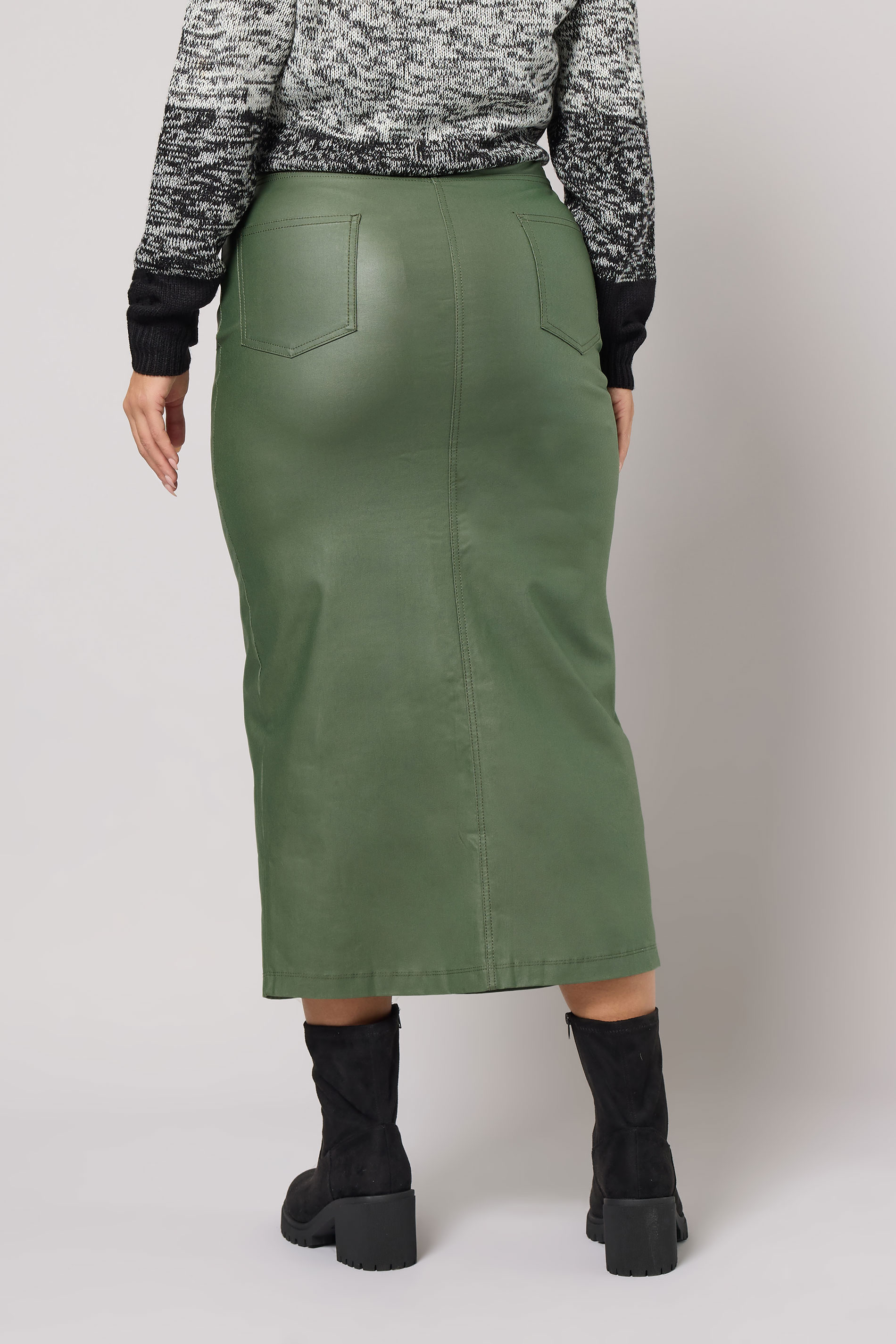 YOURS Plus Size Khaki Green Coated Split Hem Midaxi Skirt | Yours Clothing 2