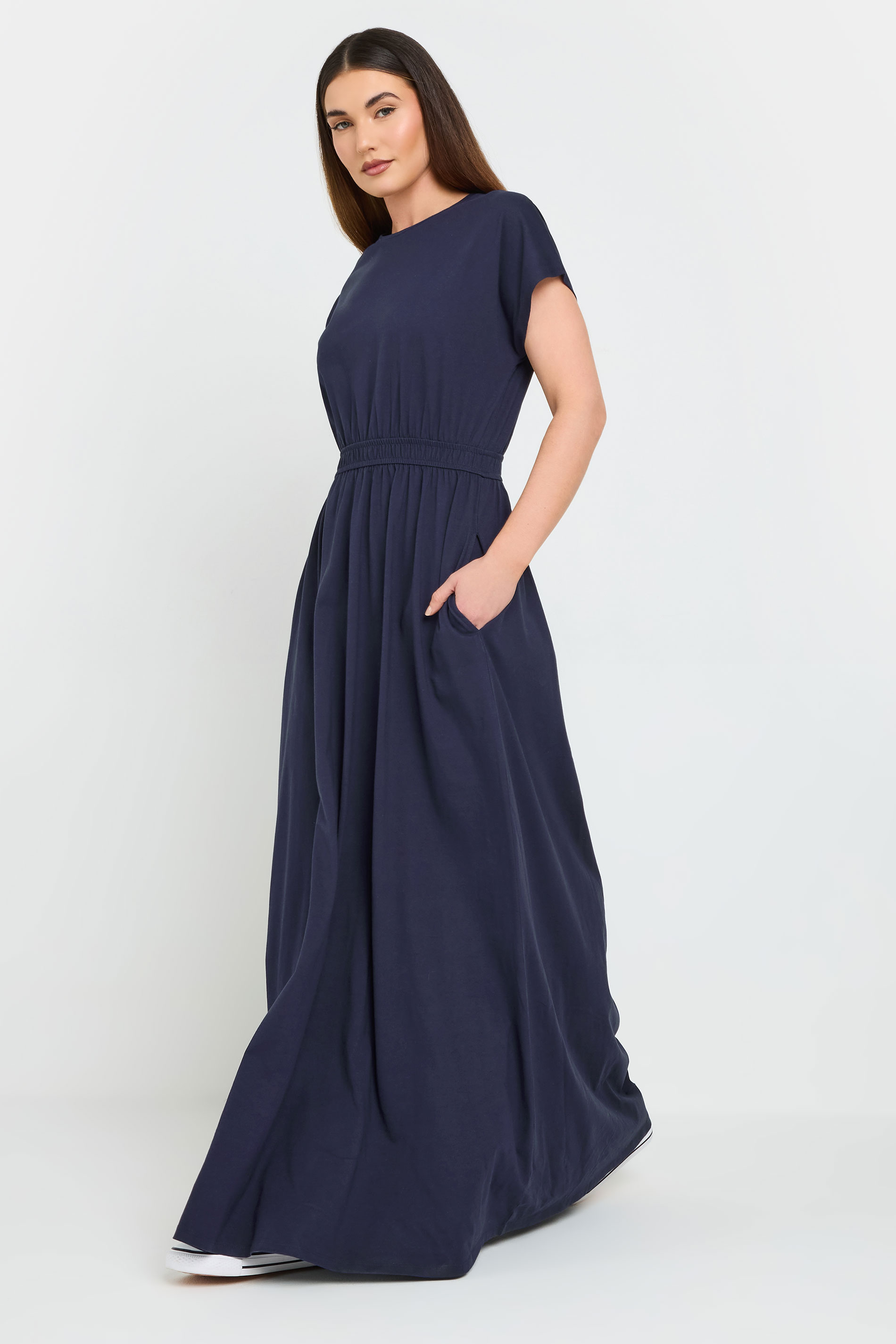 LTS Tall Navy Blue Jersey Shirred Waist Cotton Maxi Dress | Long Tall Sally 1