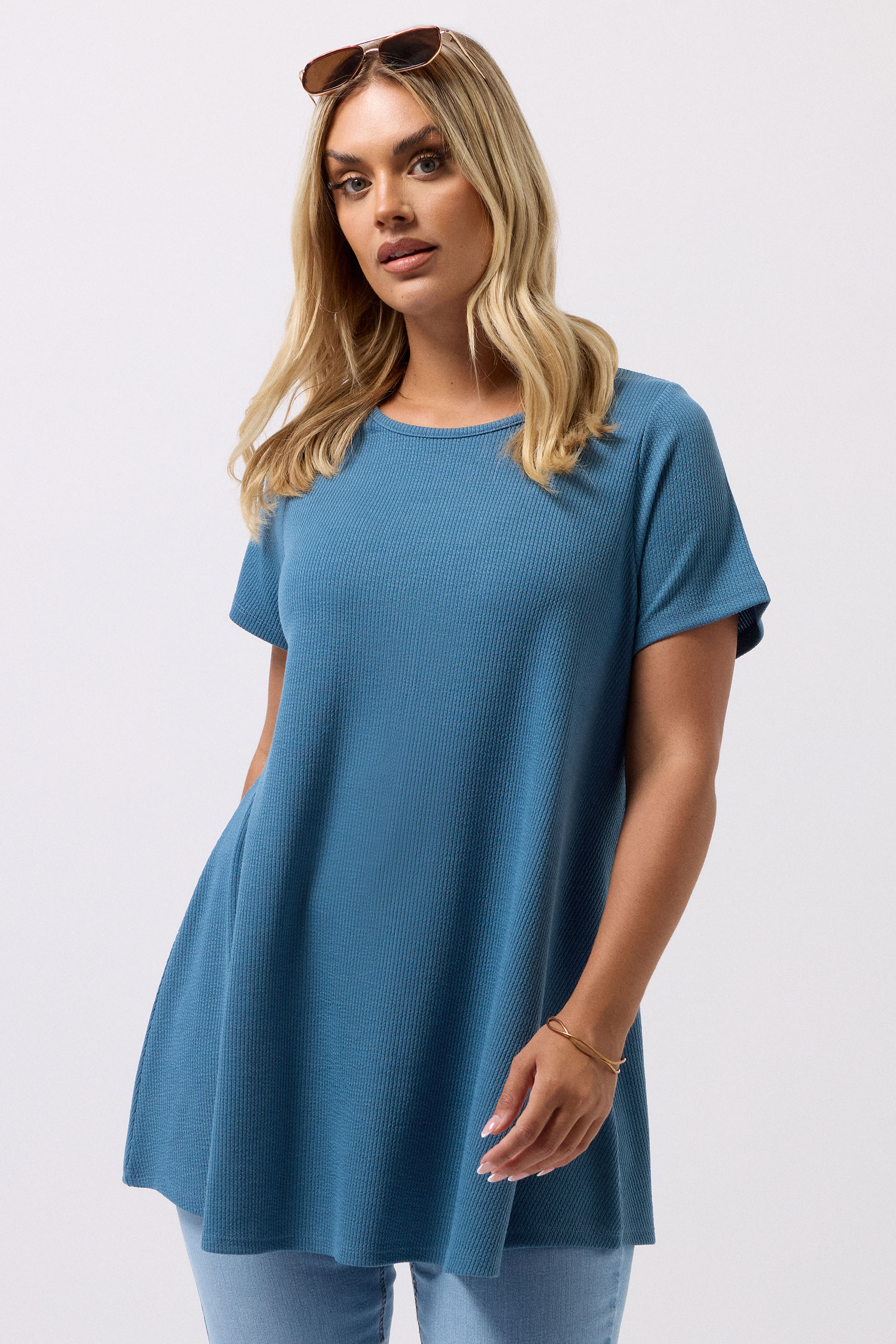 YOURS Plus Size Blue Ribbed Soft Touch T-Shirt | Yours Clothing 3