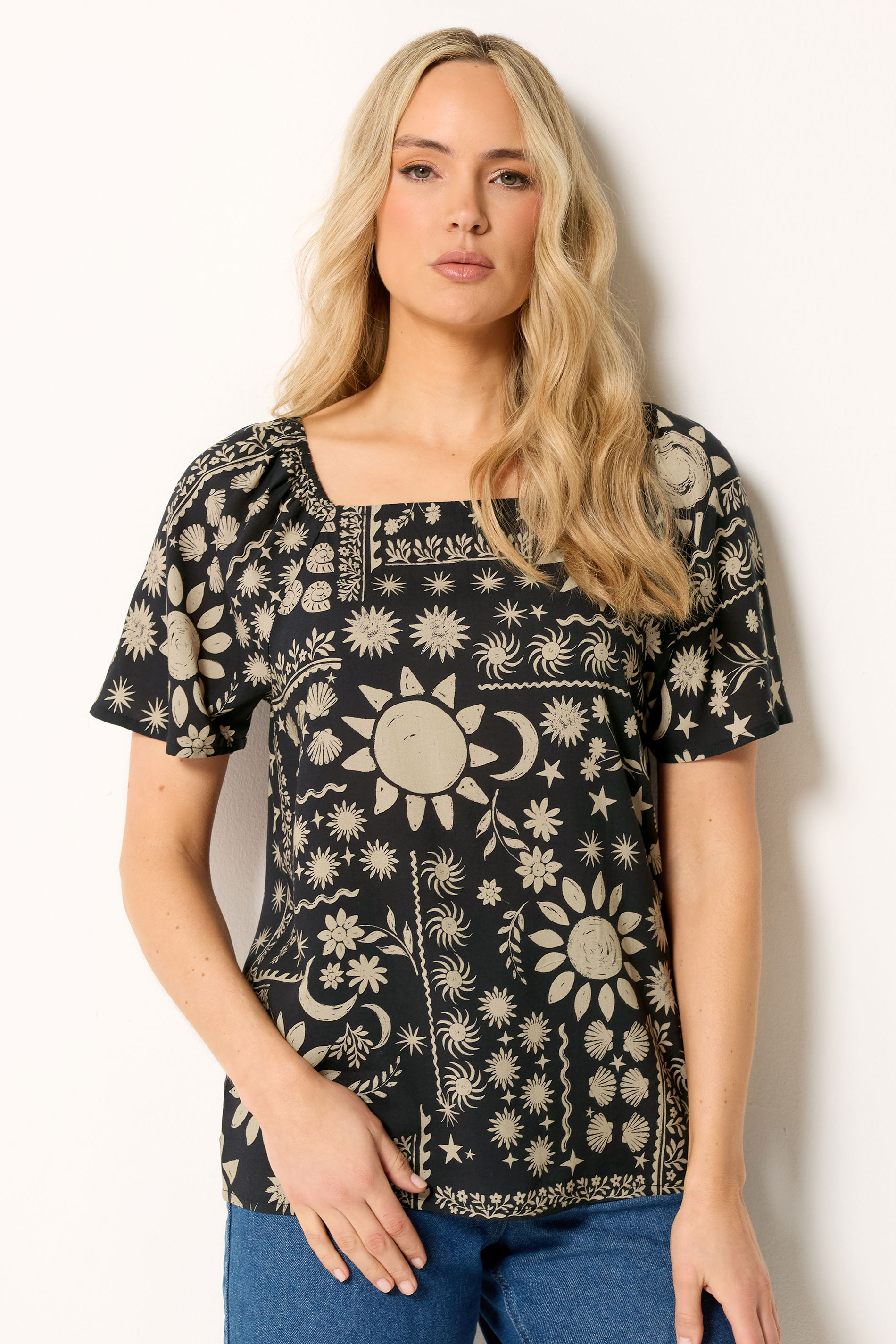 LTS Tall Black Coastal Print Square Neck Top | Long Tall Sally 3