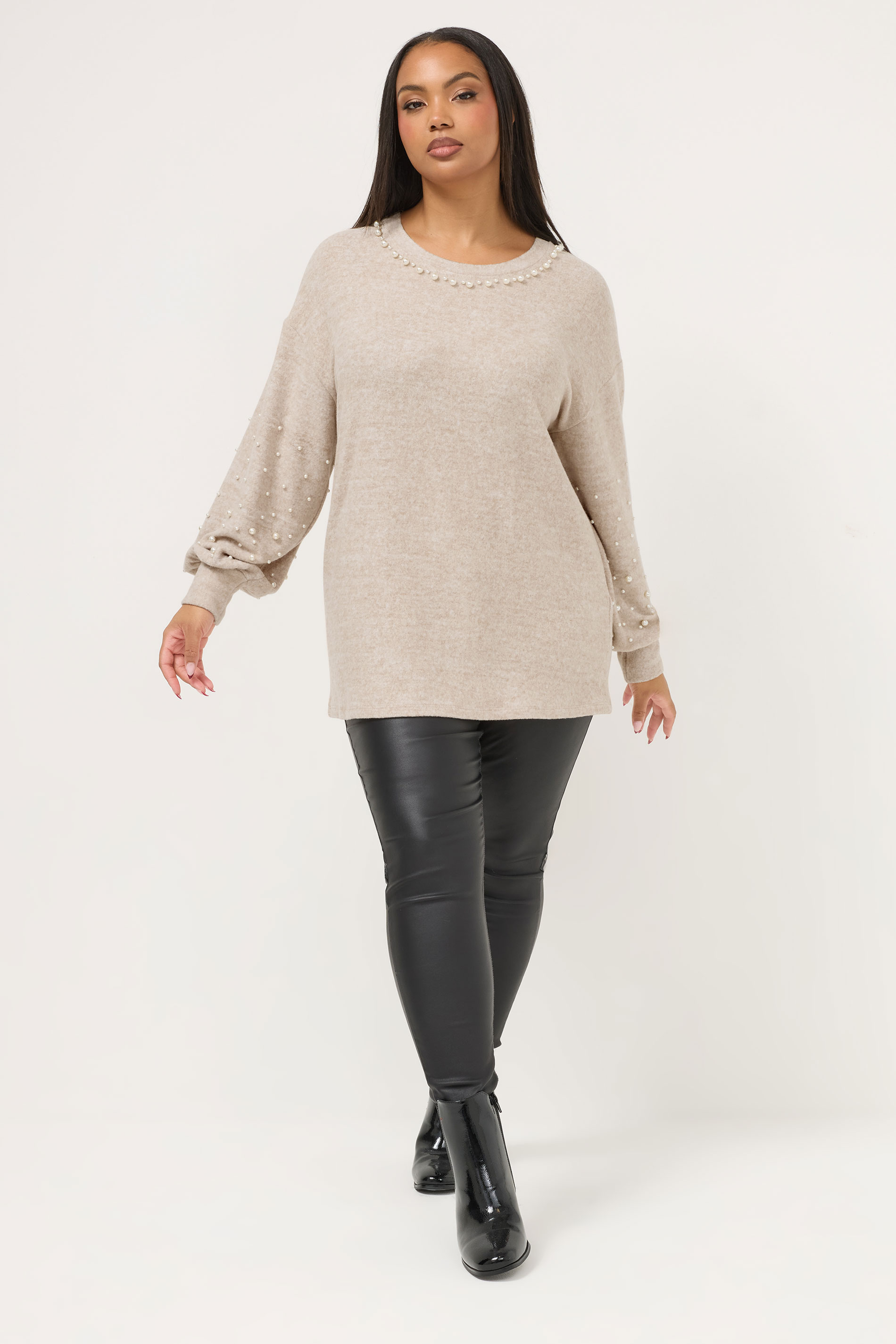 YOURS Plus Size Natural Brown Pearl Embellished Jumper | Yours Clothing 1