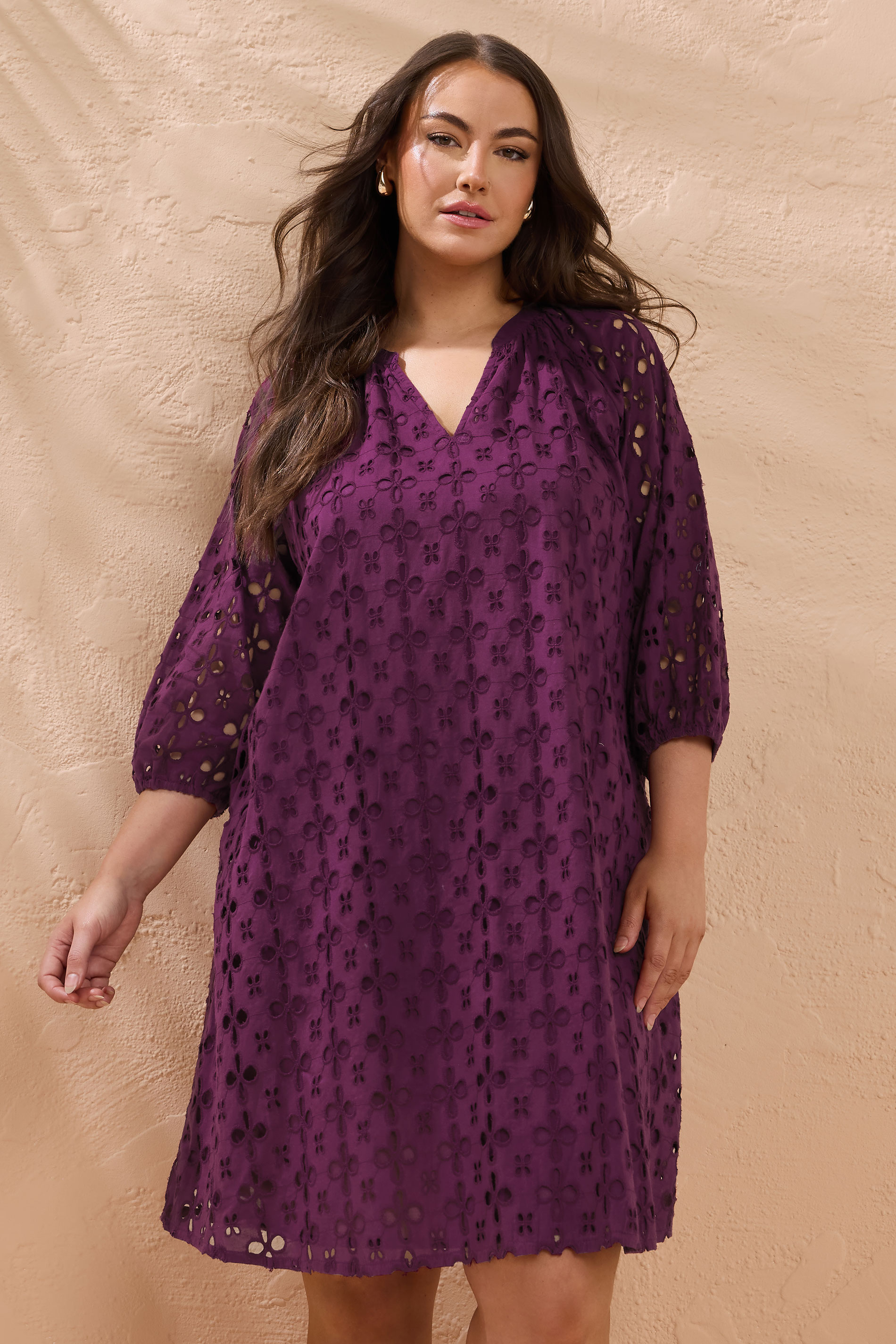 EVANS Plus Size Purple Long Sleeve Broderie Dress | Evans 3
