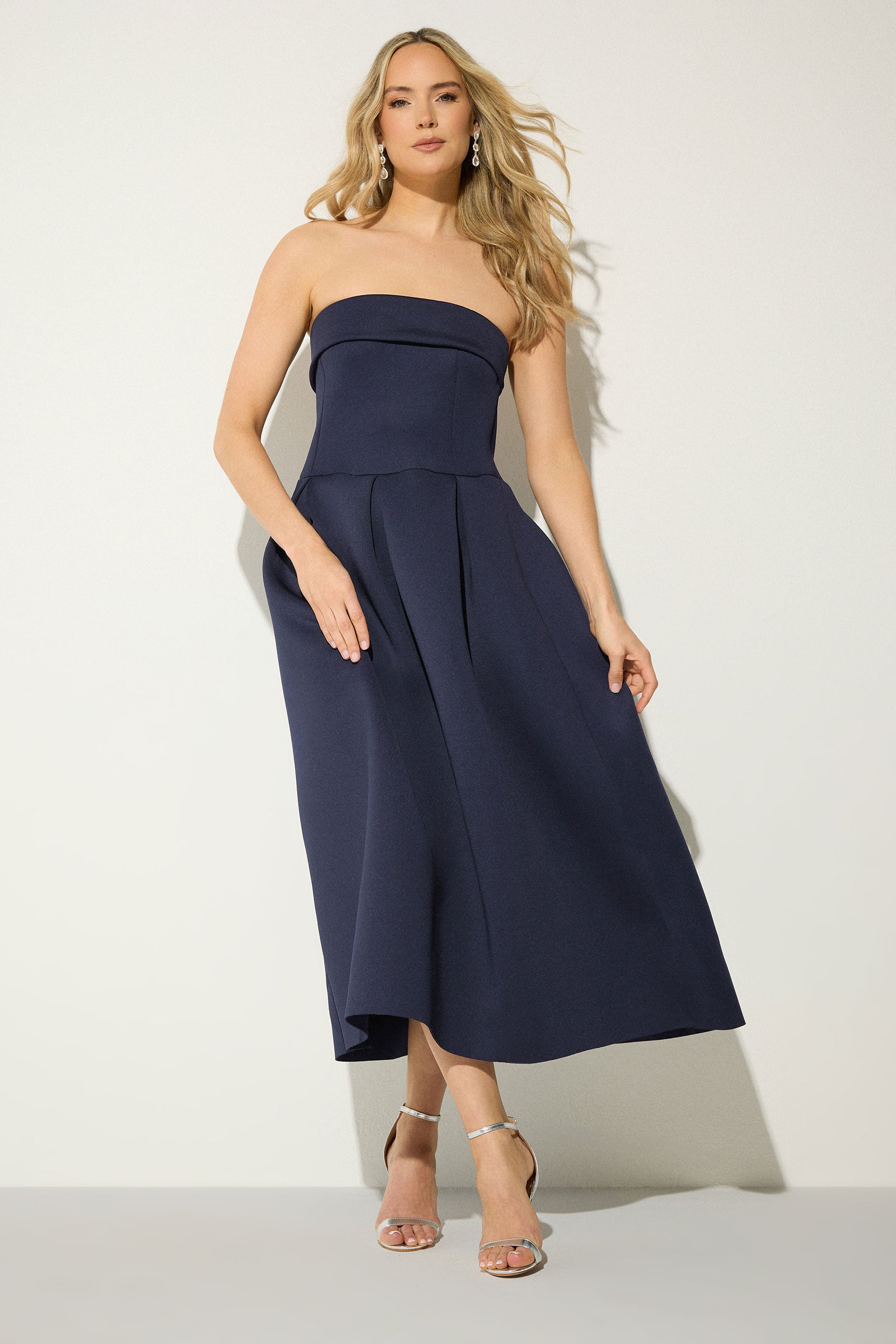 LTS Tall Women's Navy Blue Bandeau  Pleated Detail Midi Dress | Long Tall Sally 3