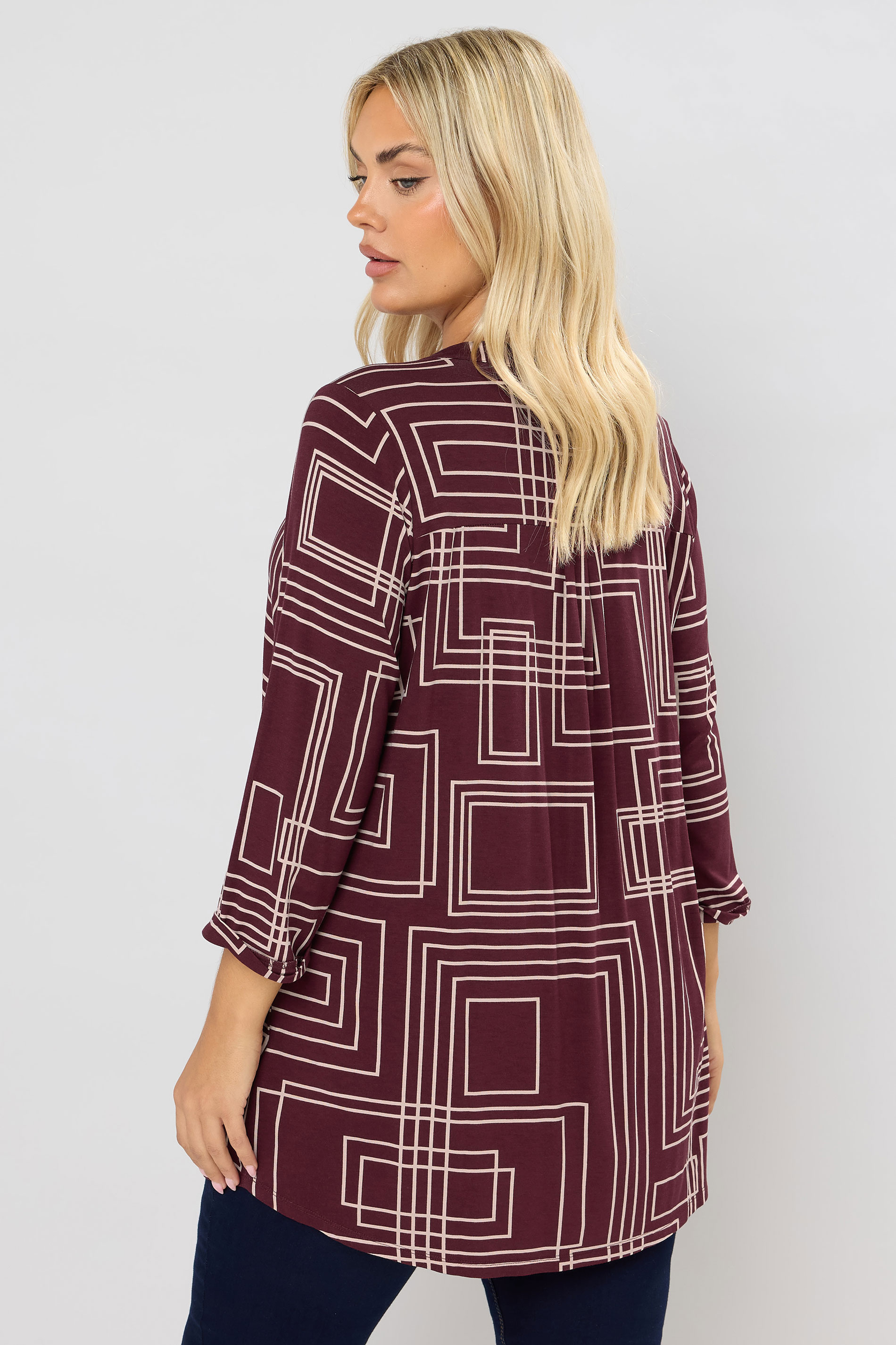 YOURS Plus Size Burgundy Red Abstract Half Placket Shirt | Yours Clothing 2