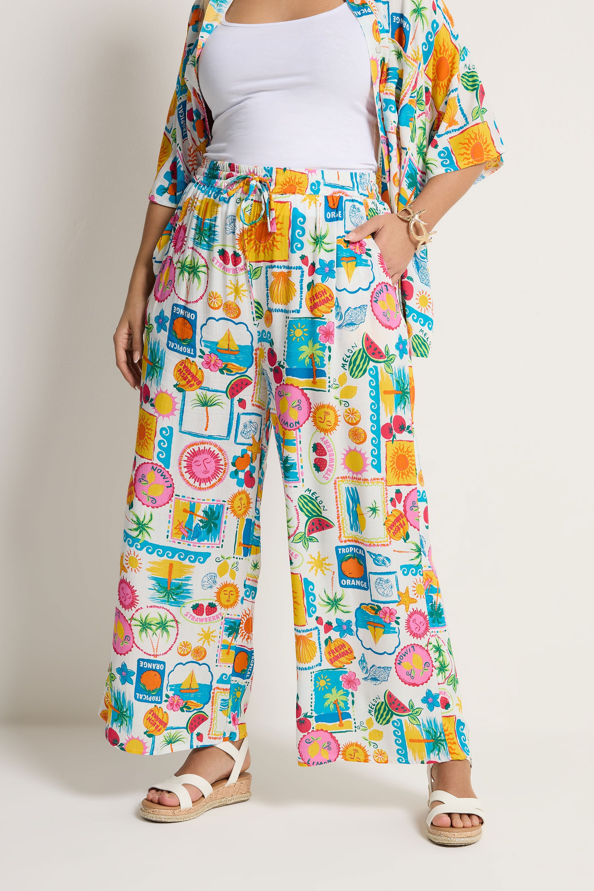 YOURS Plus Size White Mixed Print Trousers | Yours Clothing 1