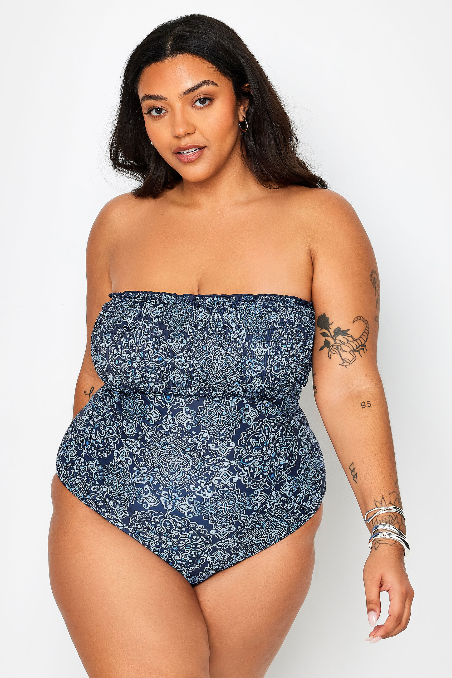 YOURS Plus Size Blue Aztec Print Shirred Tummy Control Swimsuit | Yours Clothing 2