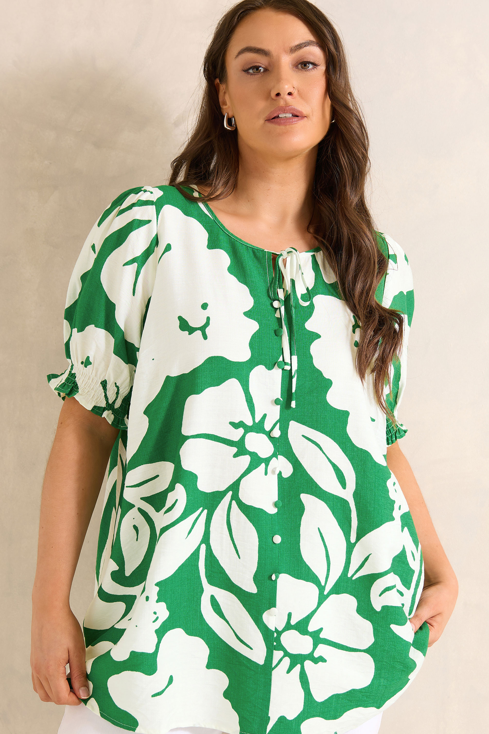 EVANS Plus Size Green Floral Tie Neck Top | Evans 3