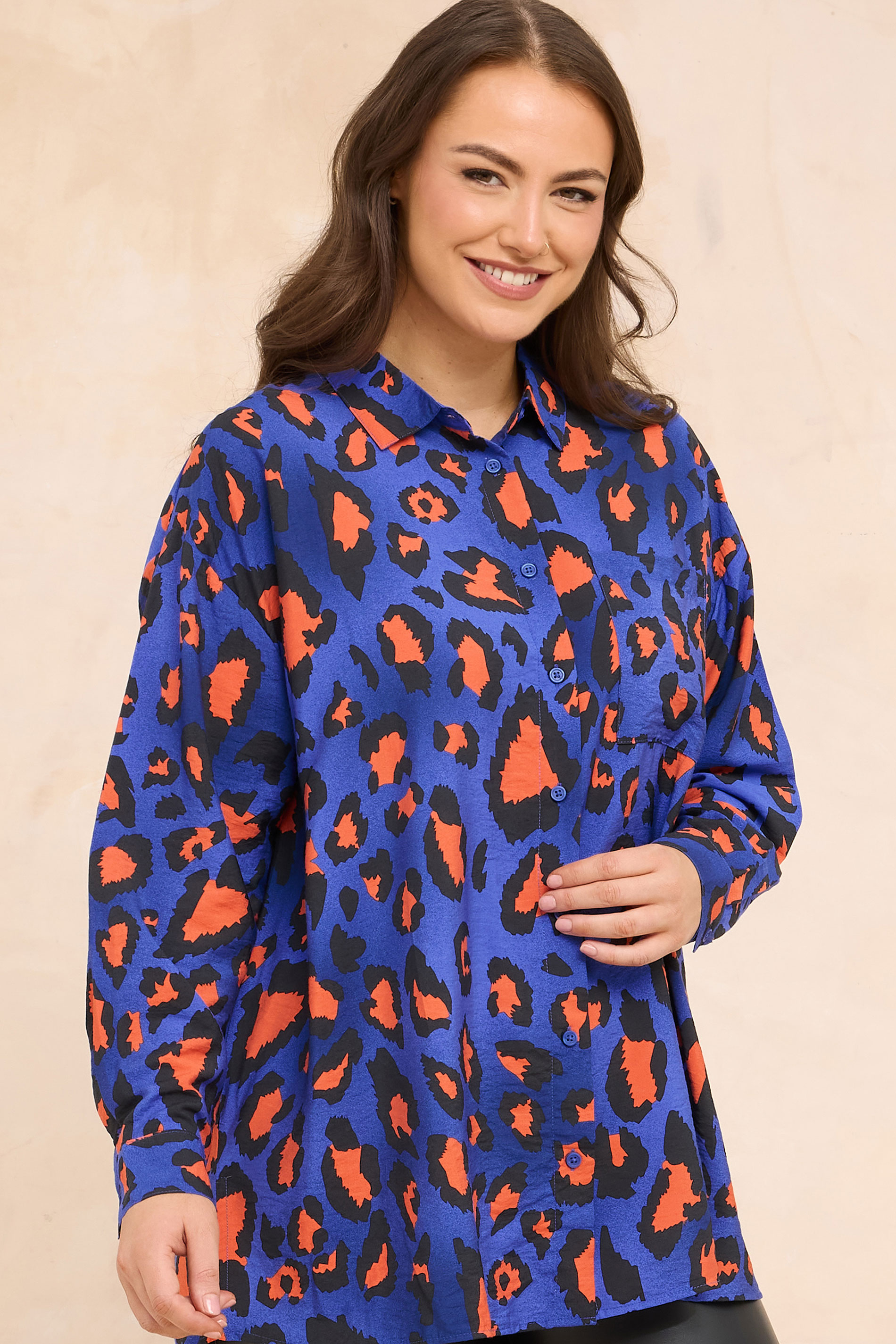 EVANS Plus Size Cobalt Blue Leopard Print Oversized Shirt | Evans 3