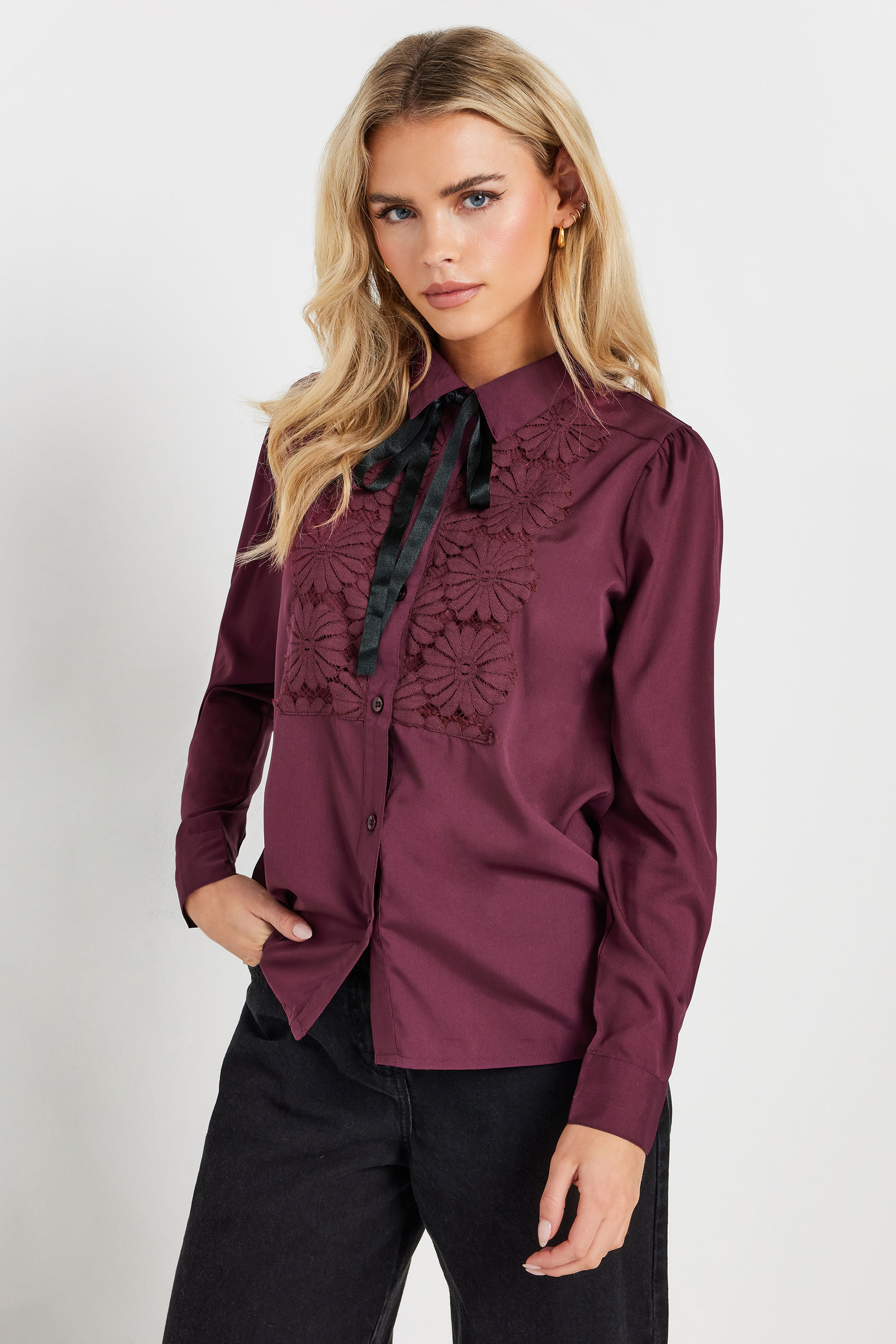 PixieGirl Petite Women's Burgundy Red Lace Trim Tie Neck Shirt | PixieGirl 3