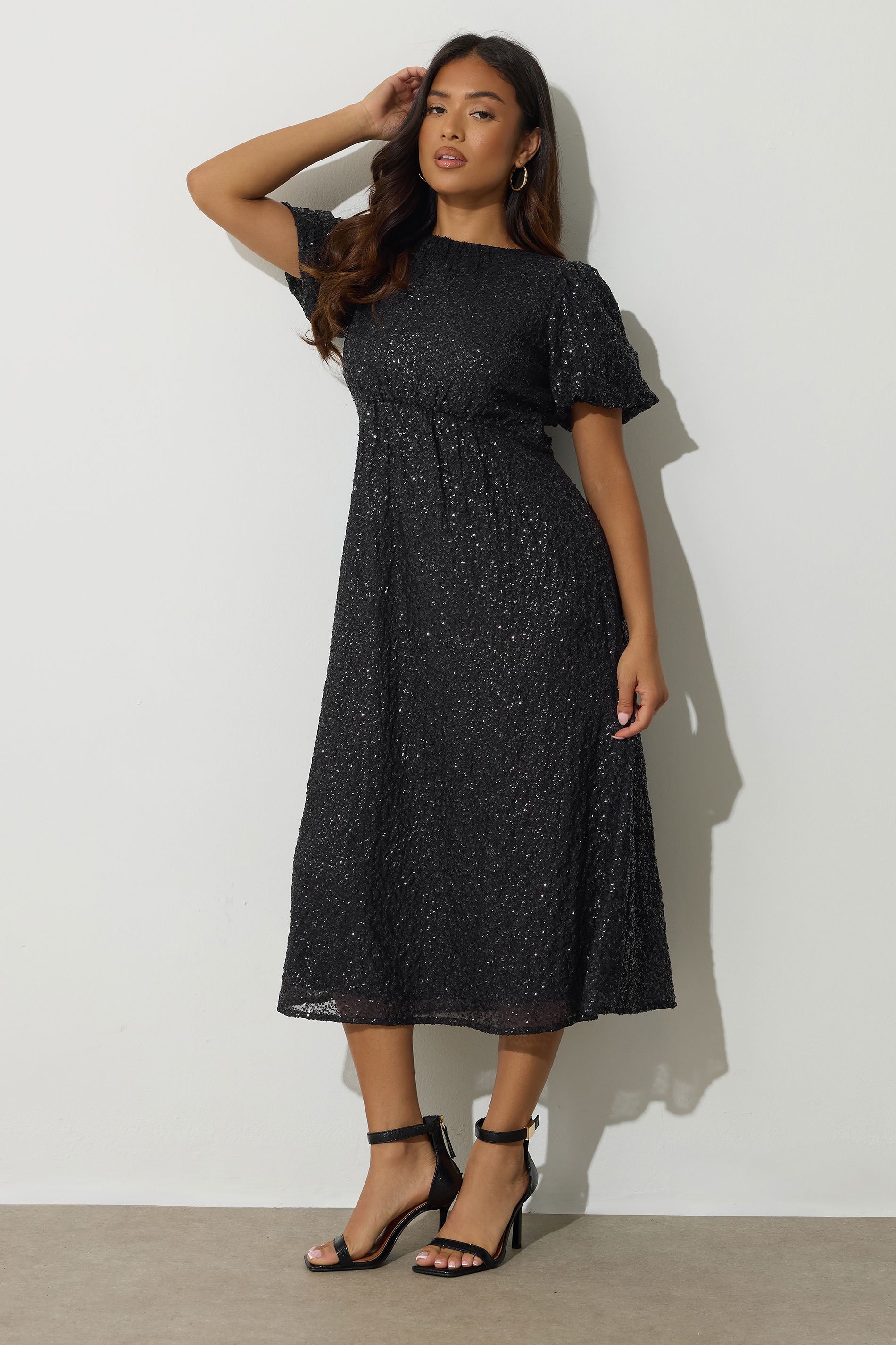 PixieGirl Petite Womens Black Sequin Tie Back Midi Dress | PixieGirl 4