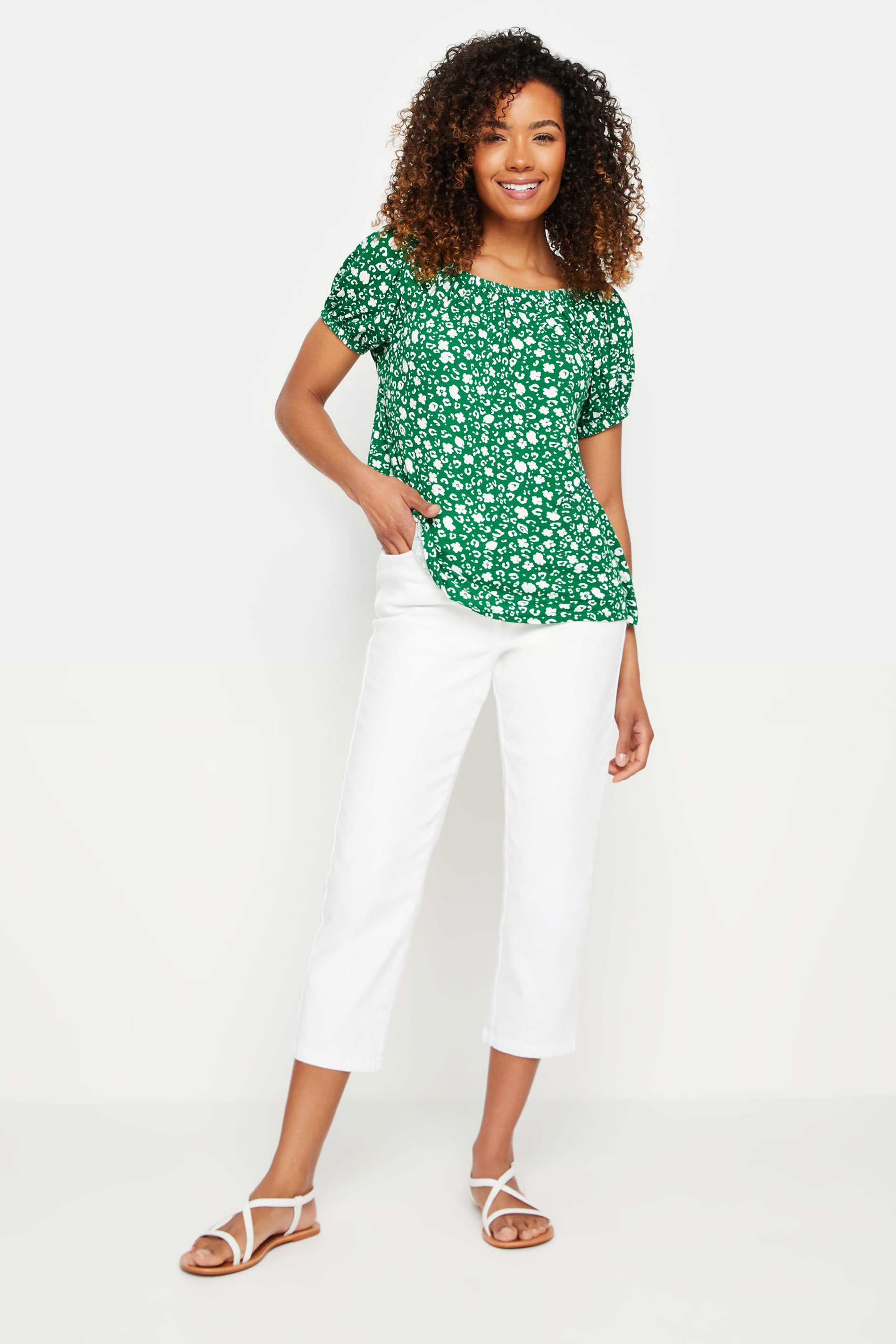 M&Co Women's Green Floral Print Short Sleeve Boho Top | M&Co 2