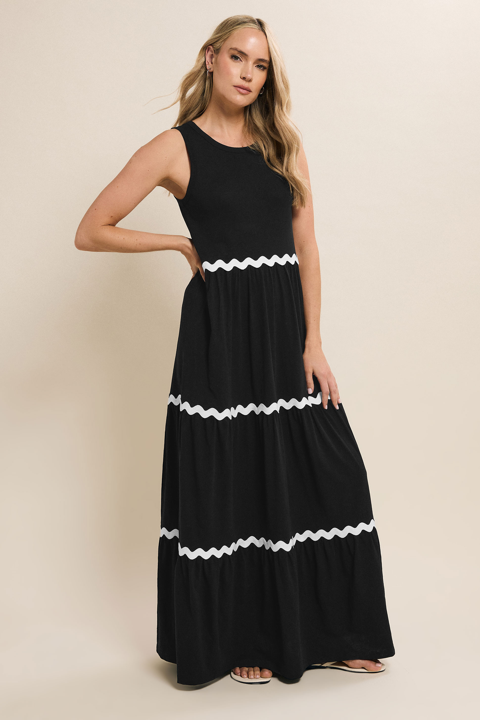LTS Tall Black Contrast Swirl Tiered Cotton Maxi Dress | Long Tall Sally 2