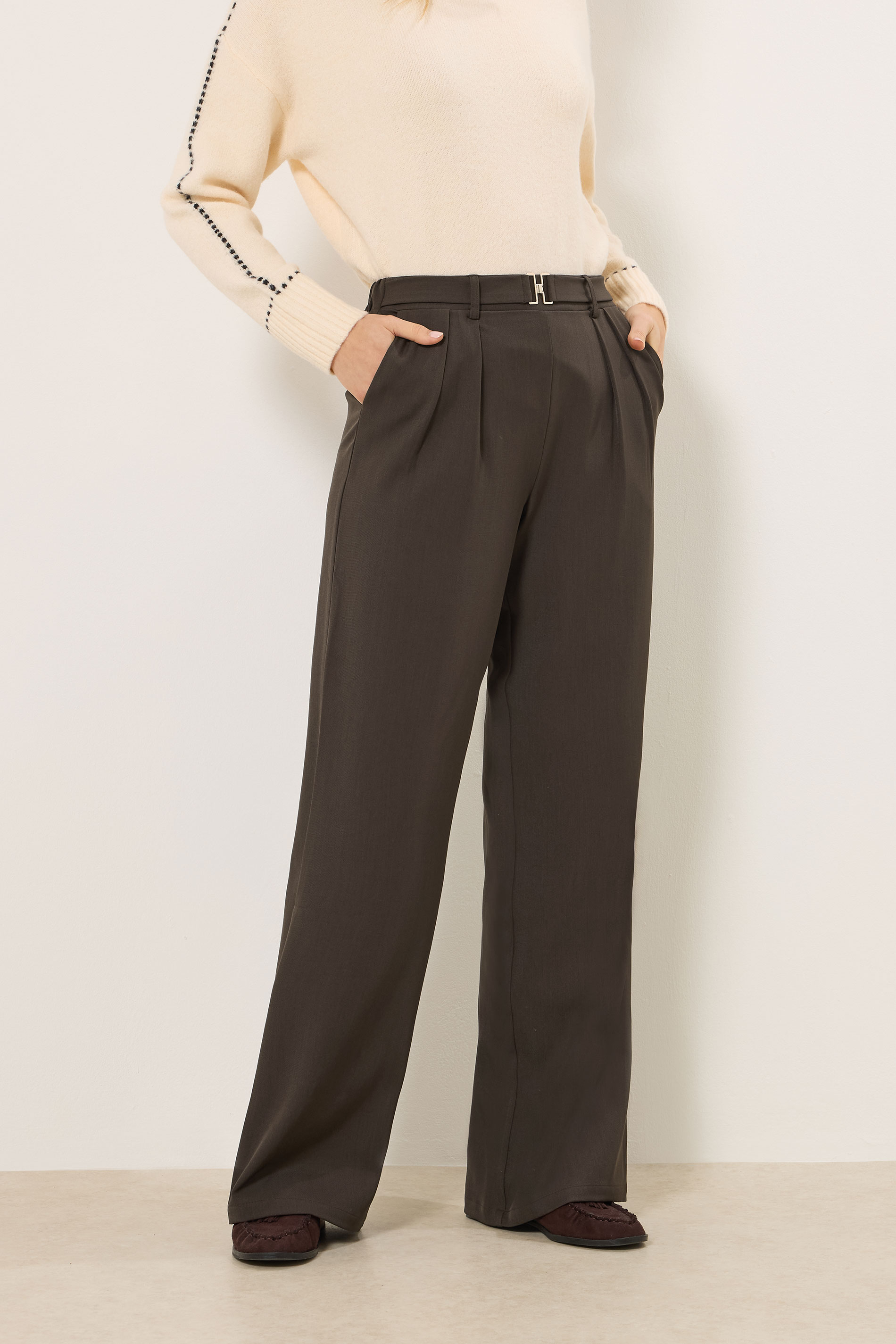 LTS Tall Women's Chocolate Brown Buckle Wide Leg Trousers | Long Tall Sally 1