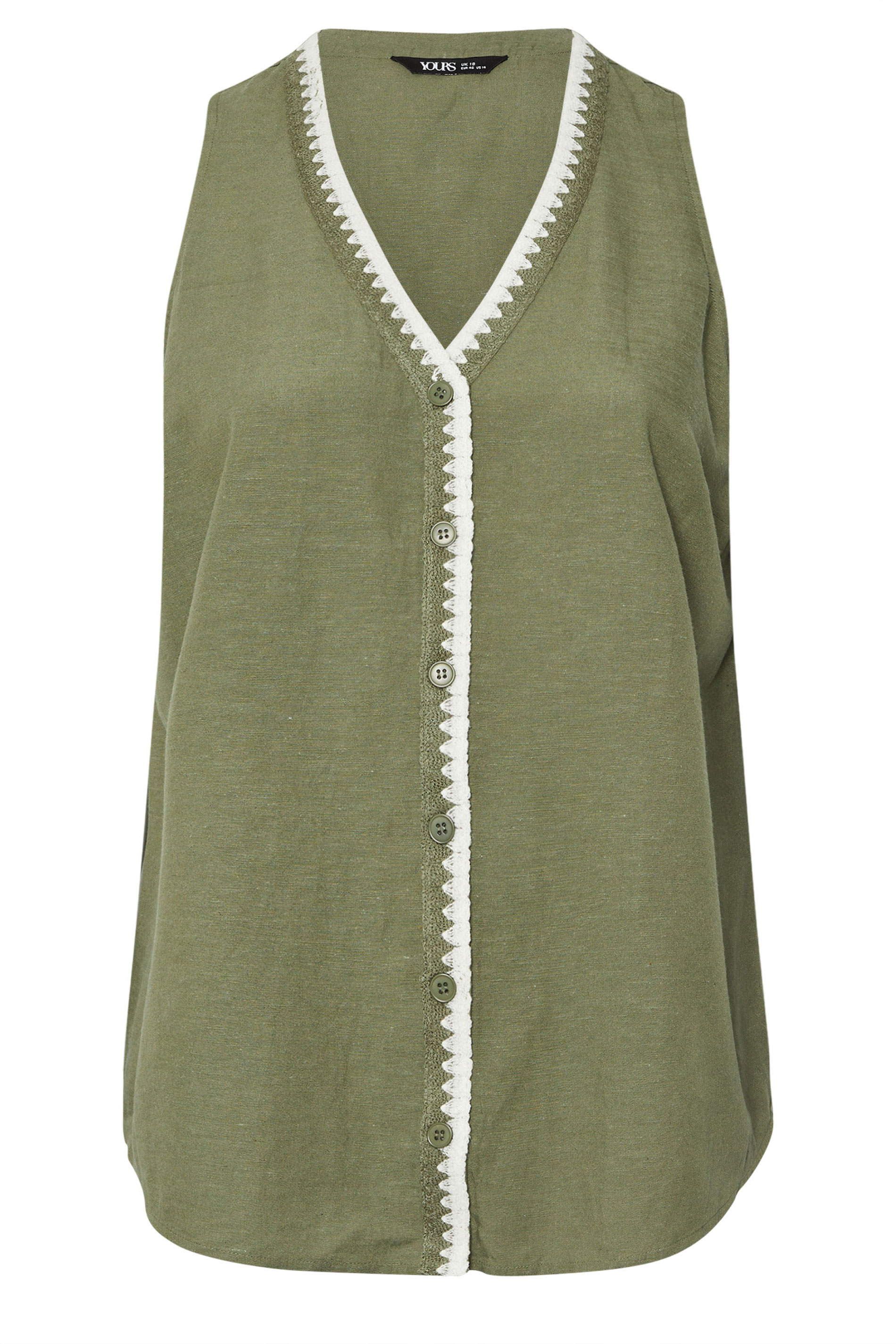 YOURS Plus Size Khaki Green Blanket Stitch Linen Vest Top | Yours Clothing 6