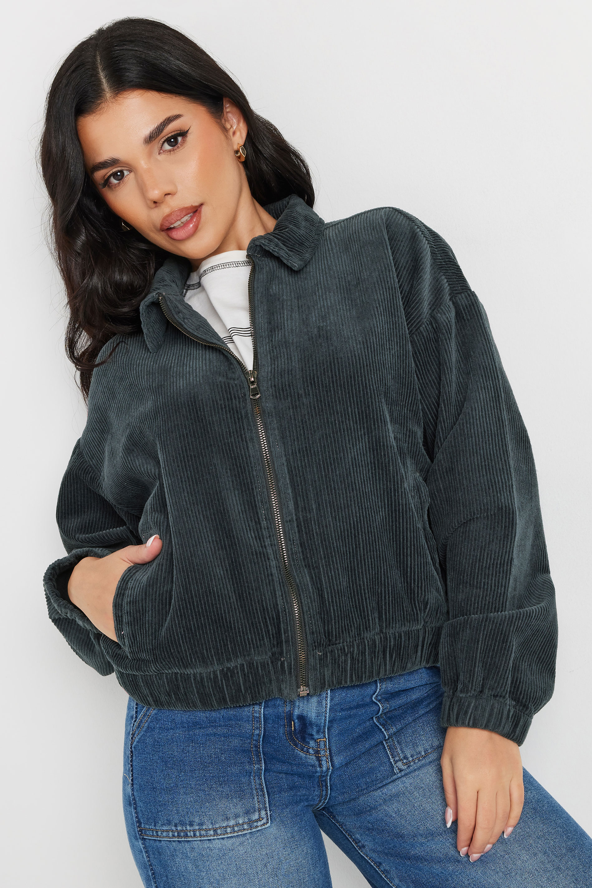 PixieGirl Petite Women's Charcoal Grey Cotton Cord Bomber Jacket | PixieGirl 4