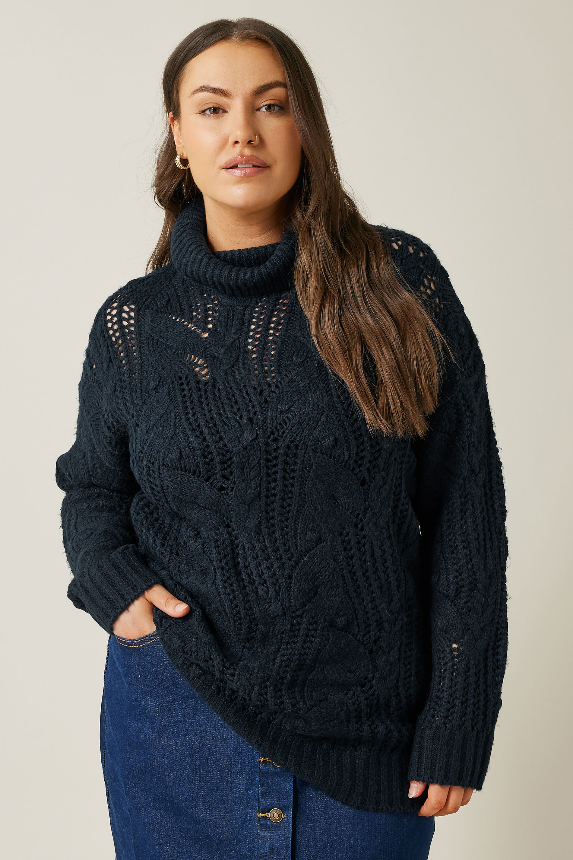 EVANS Plus Size Navy Blue Roll Neck Knitted Jumper | Evans 1