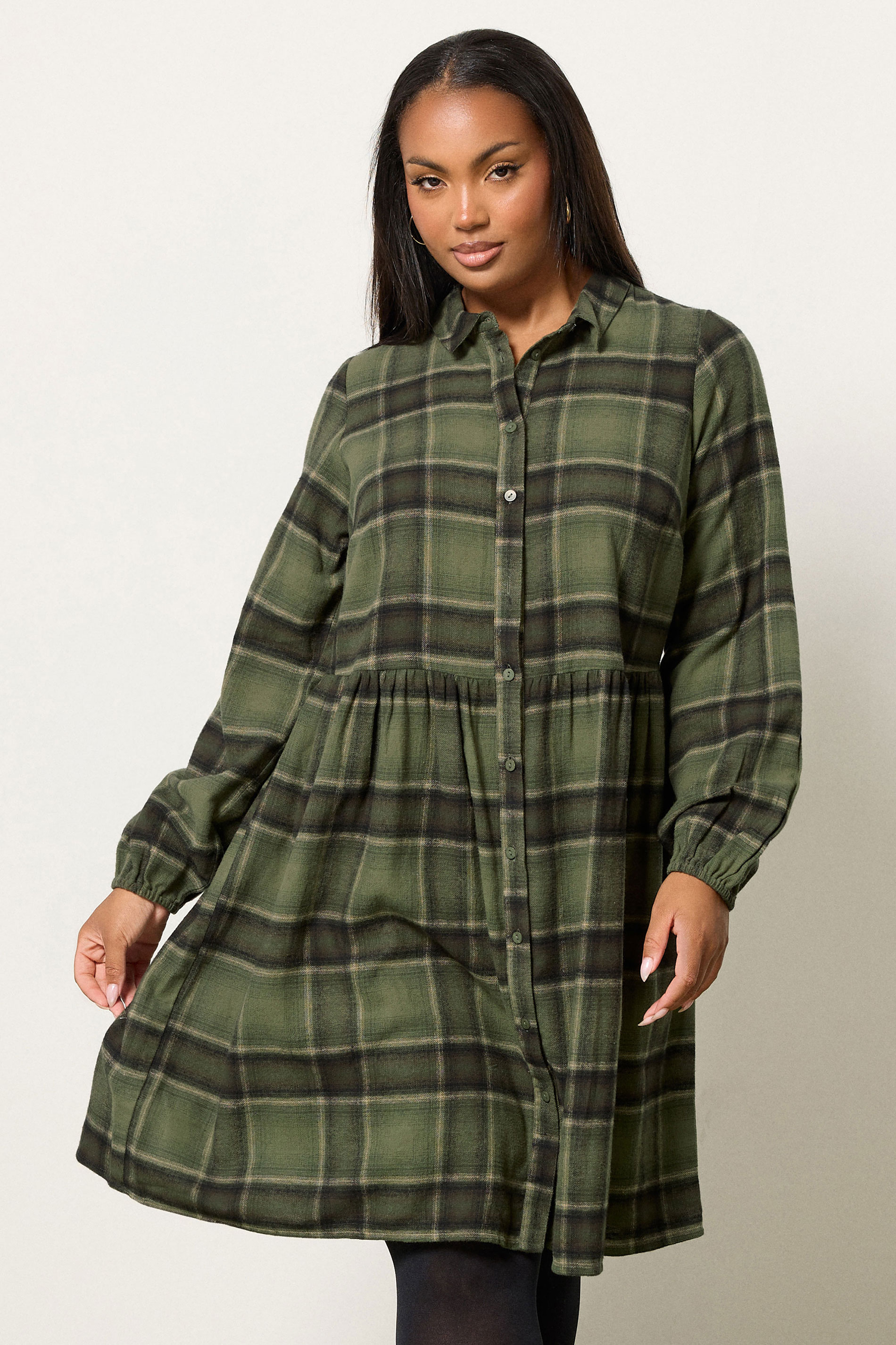 YOURS Plus Size Khaki Green Check Shirt Dress | Yours Clothing 1