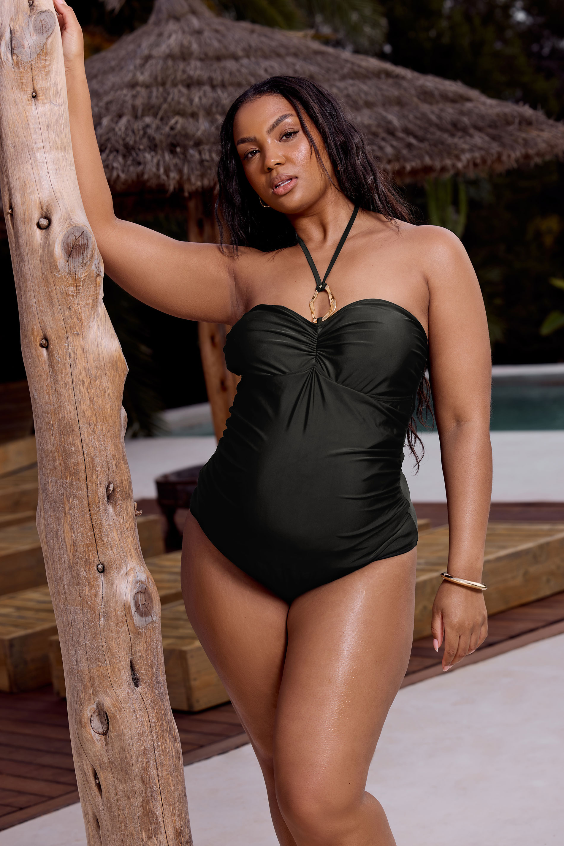 BUMP IT UP MATERNITY Plus Size Black Buckle Halterneck Swimsuit | Yours Clothing 3