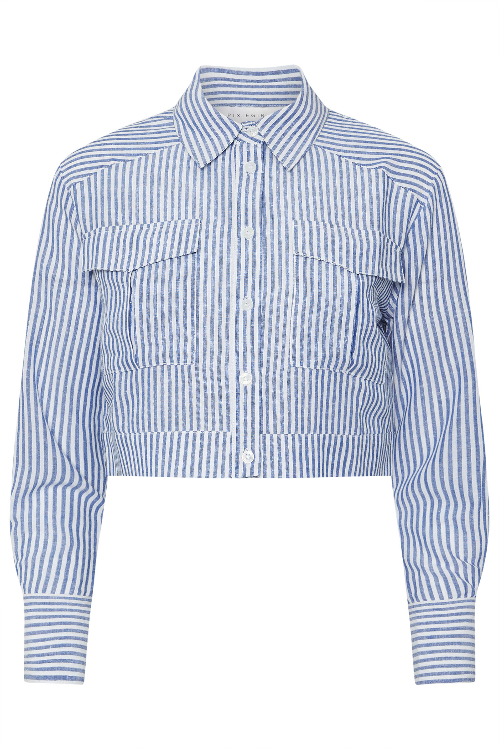 PixieGirl Petite Women's Blue Linen Striped Pocket Shirt | PixieGirl 6