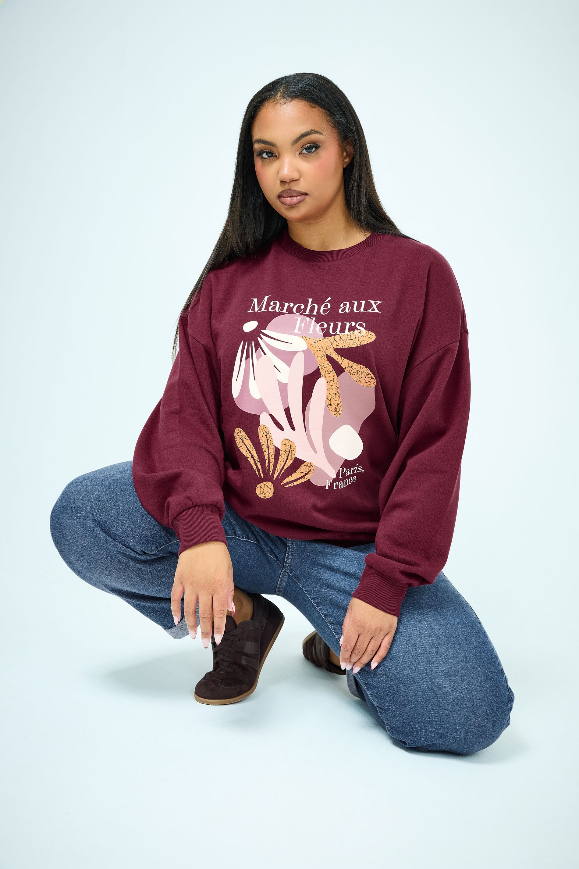 YOURS Plus Size Burgundy Red 'Marche Aux Fleurs' Slogan Sweatshirt | Yours Clothing 5