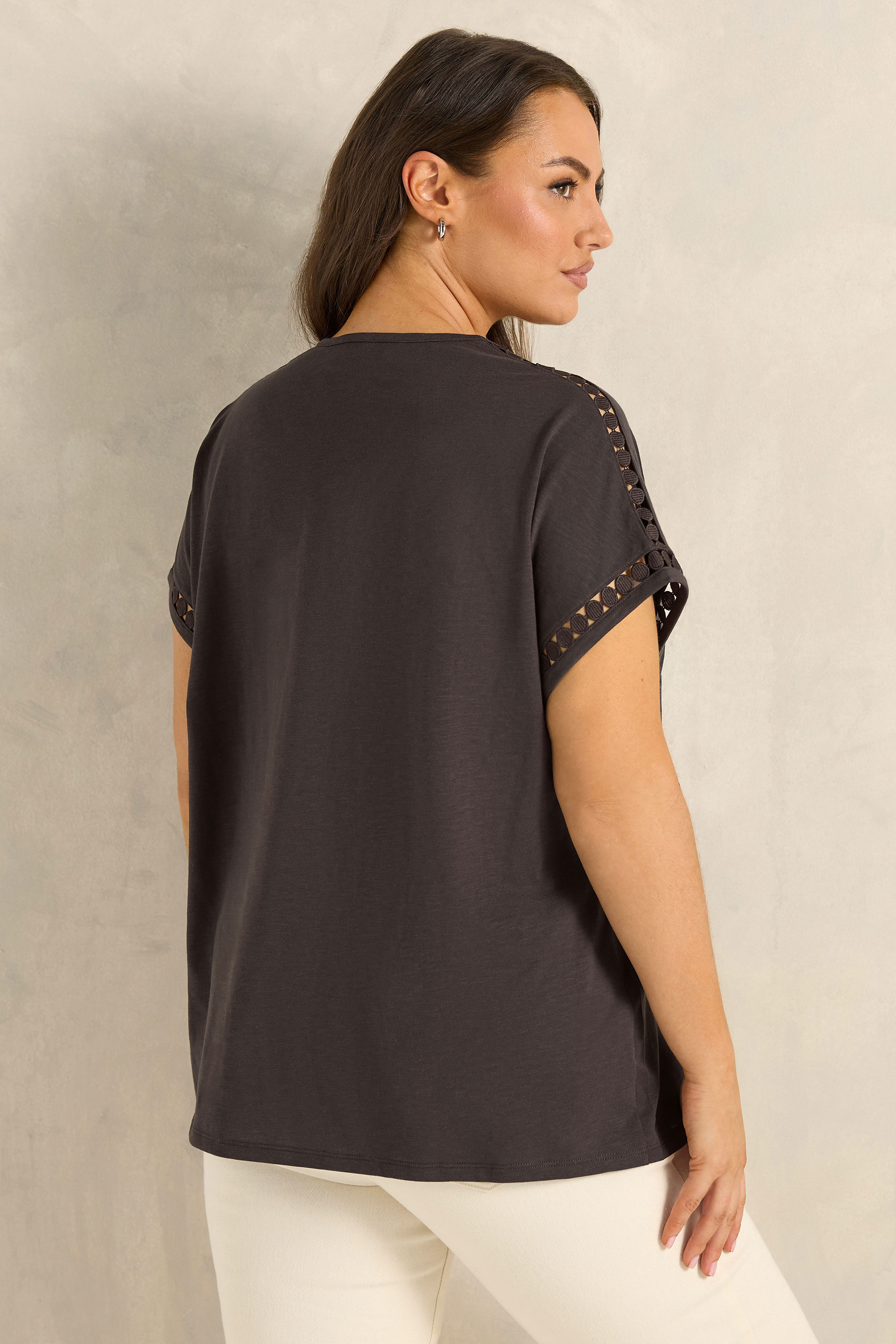 EVANS Plus Size Chocolate Brown Crochet Trim Cotton V Neck T-Shirt | Evans 2