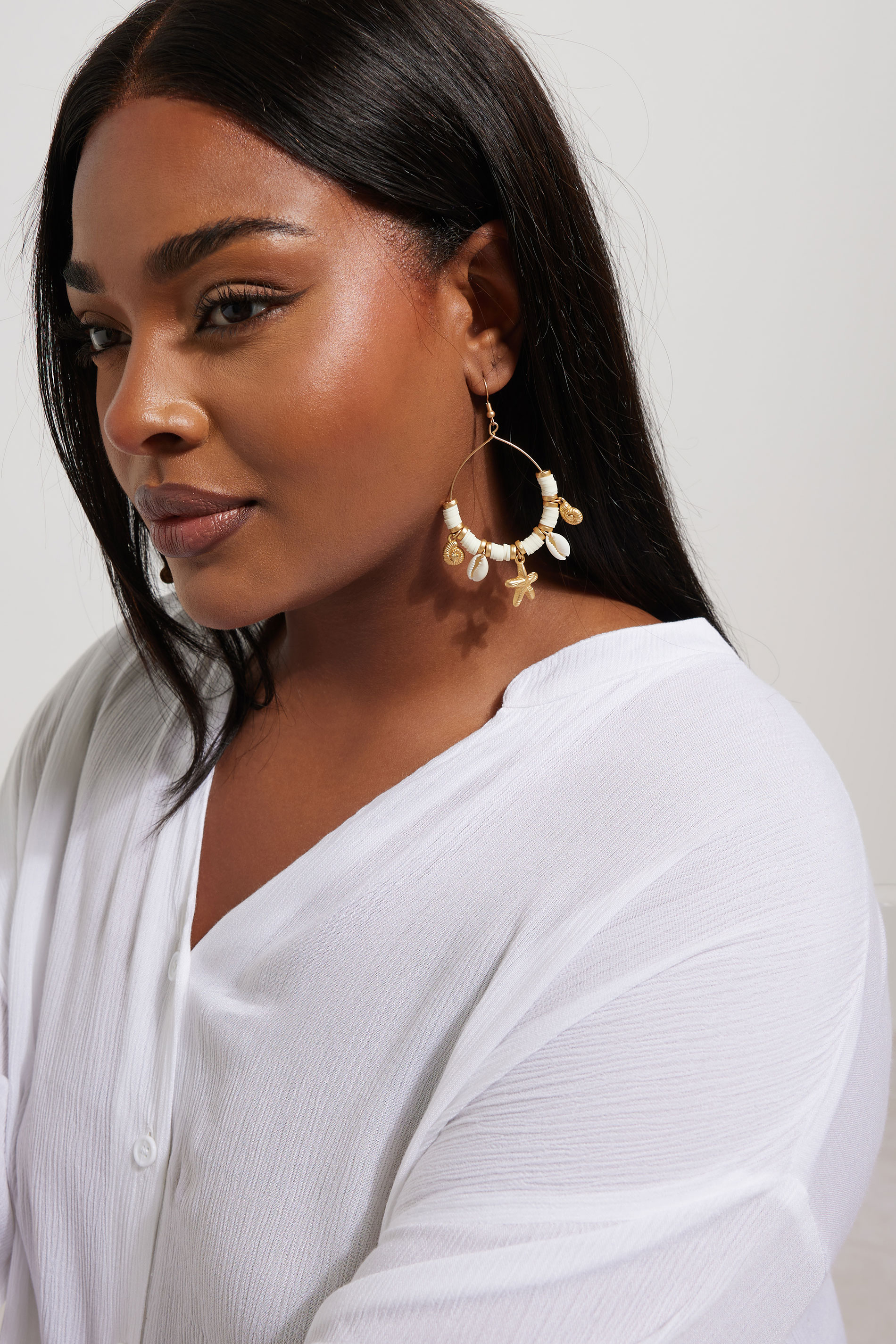 Women's Gold Yours Tone Beaded Shell Hoop Earrings Size One Size