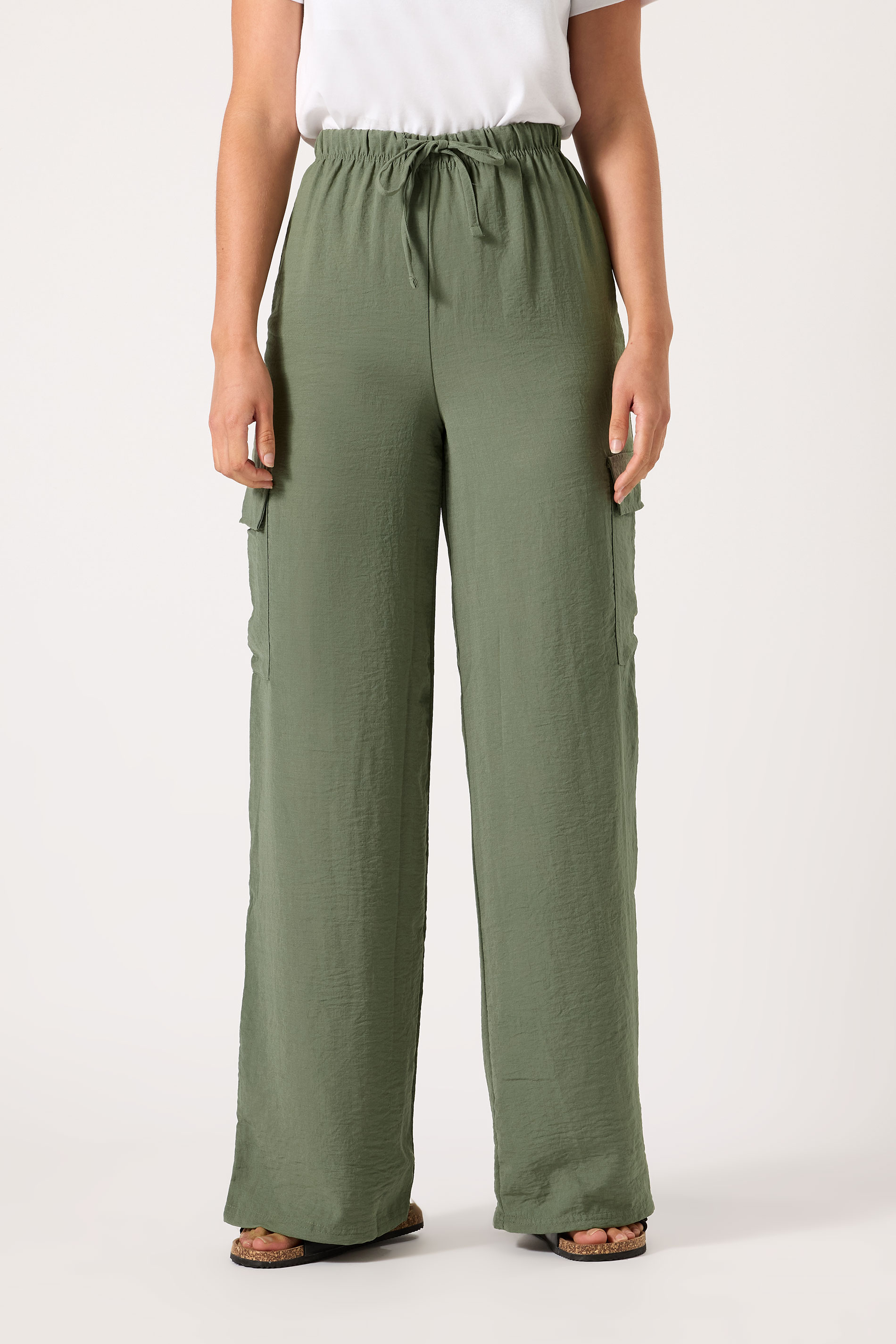 LTS Tall Women's Khaki Green Cargo Crepe Wide Leg Trousers | Long Tall Sally 1