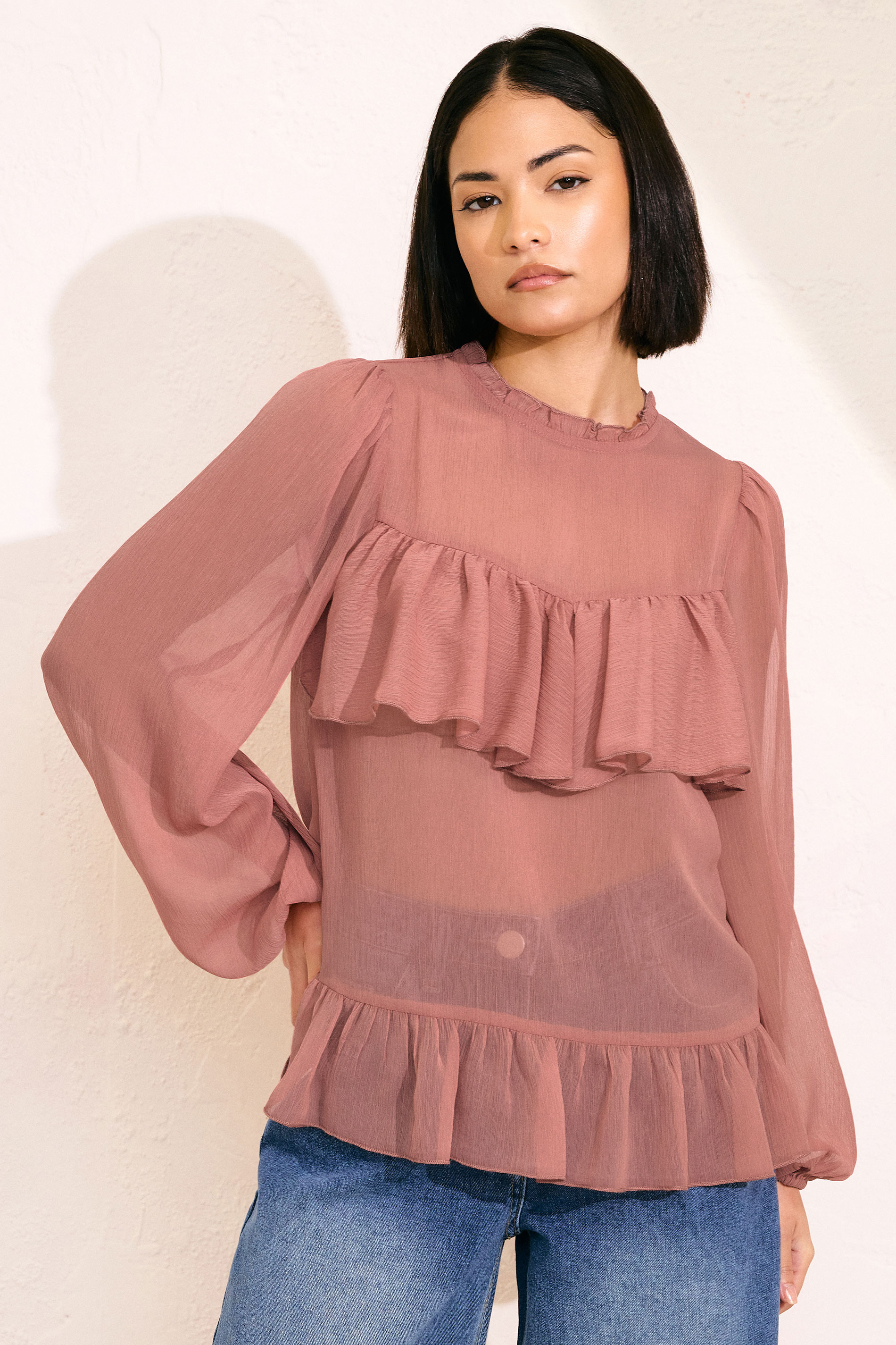 PixieGirl Petite Women's Coral Pink Chiffon Frill Blouse | PixieGirl 3