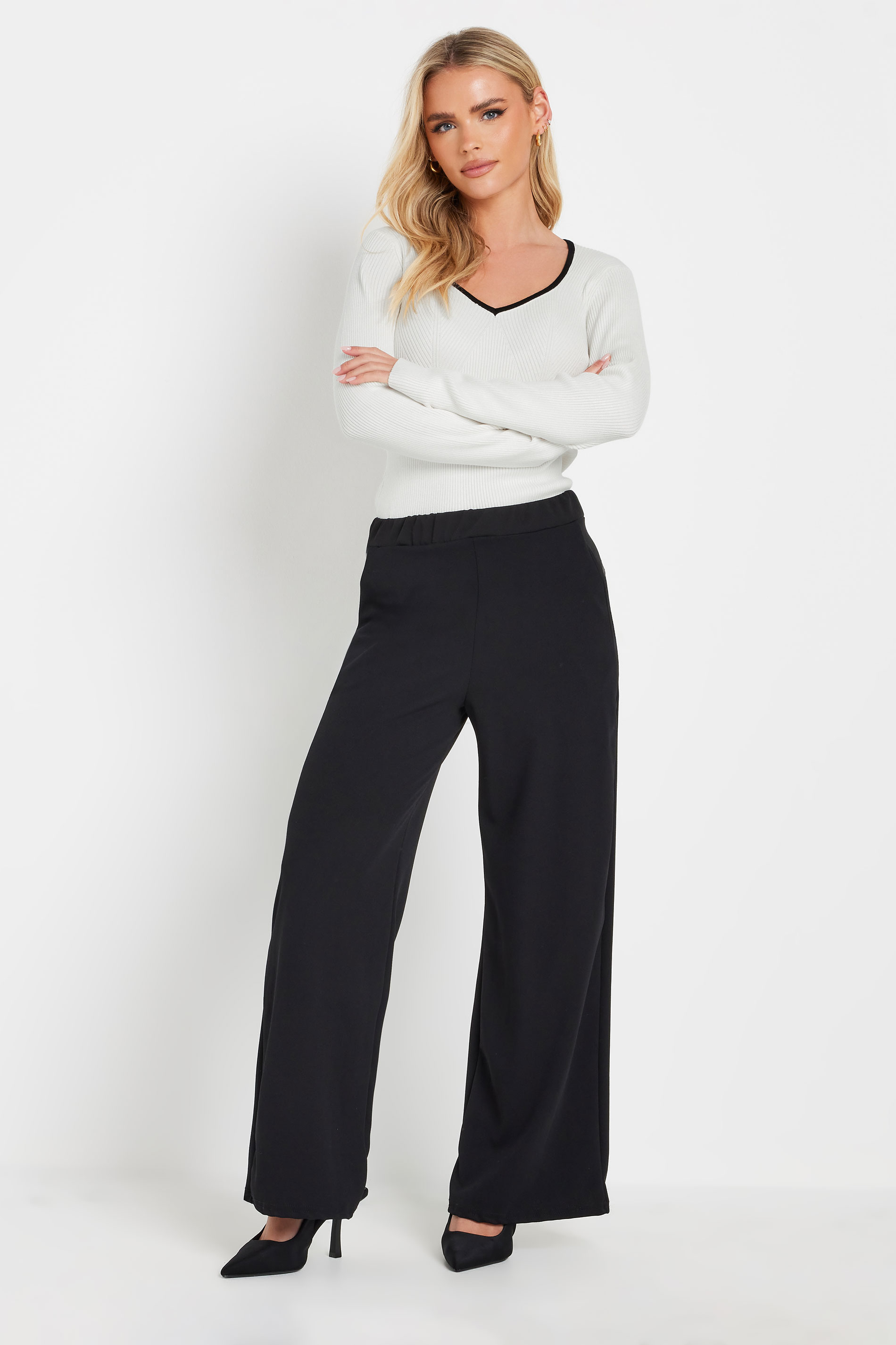 PixieGirl Petite Women's White Knitted Contrast Sweetheart Neck Top | PixieGirl 1