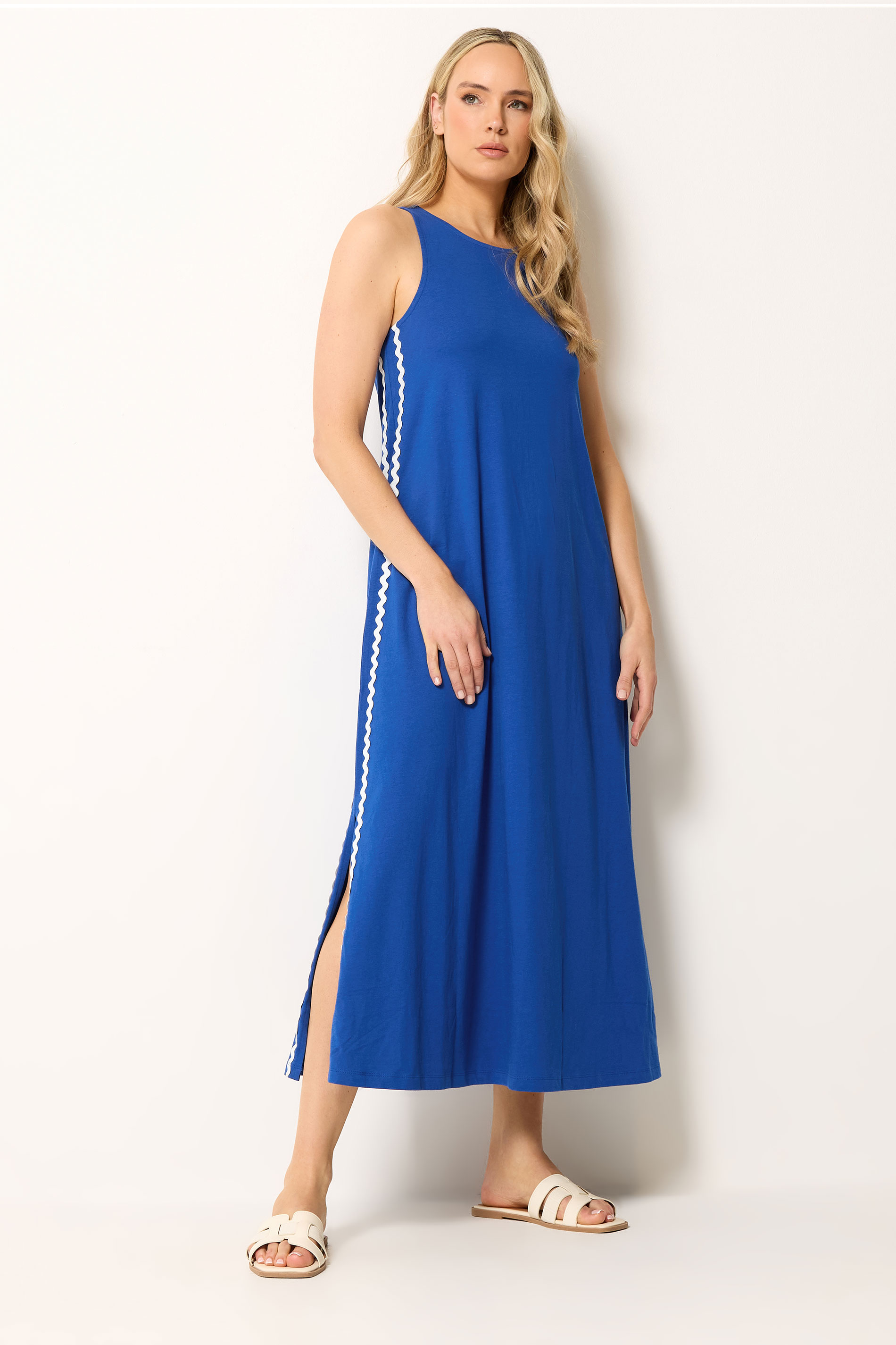 LTS Tall Women's Blue Swirl Trim Cotton Sleeveless Midi Dress | Long tall Sally 1