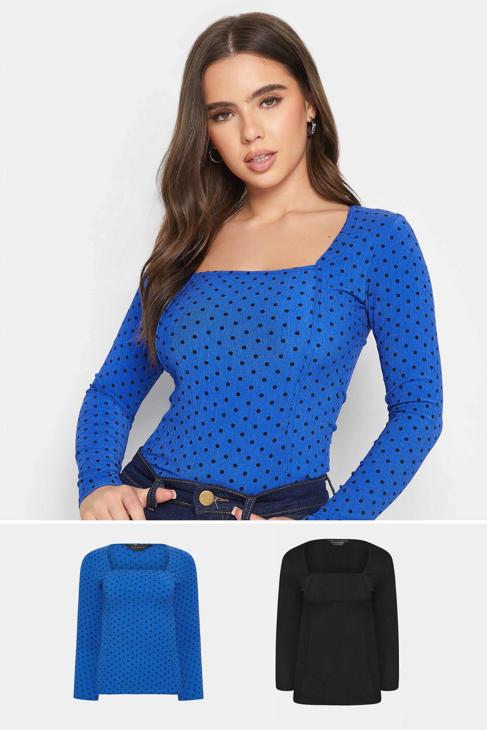 PixieGirl 2 PACK Black & Blue Spot Print Square Neck Tops | PixieGirl 3